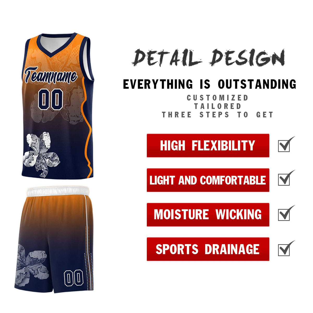 Custom Navy Orange Basketball Jersey - Illusion Flower Gradient Lightweight Fabric