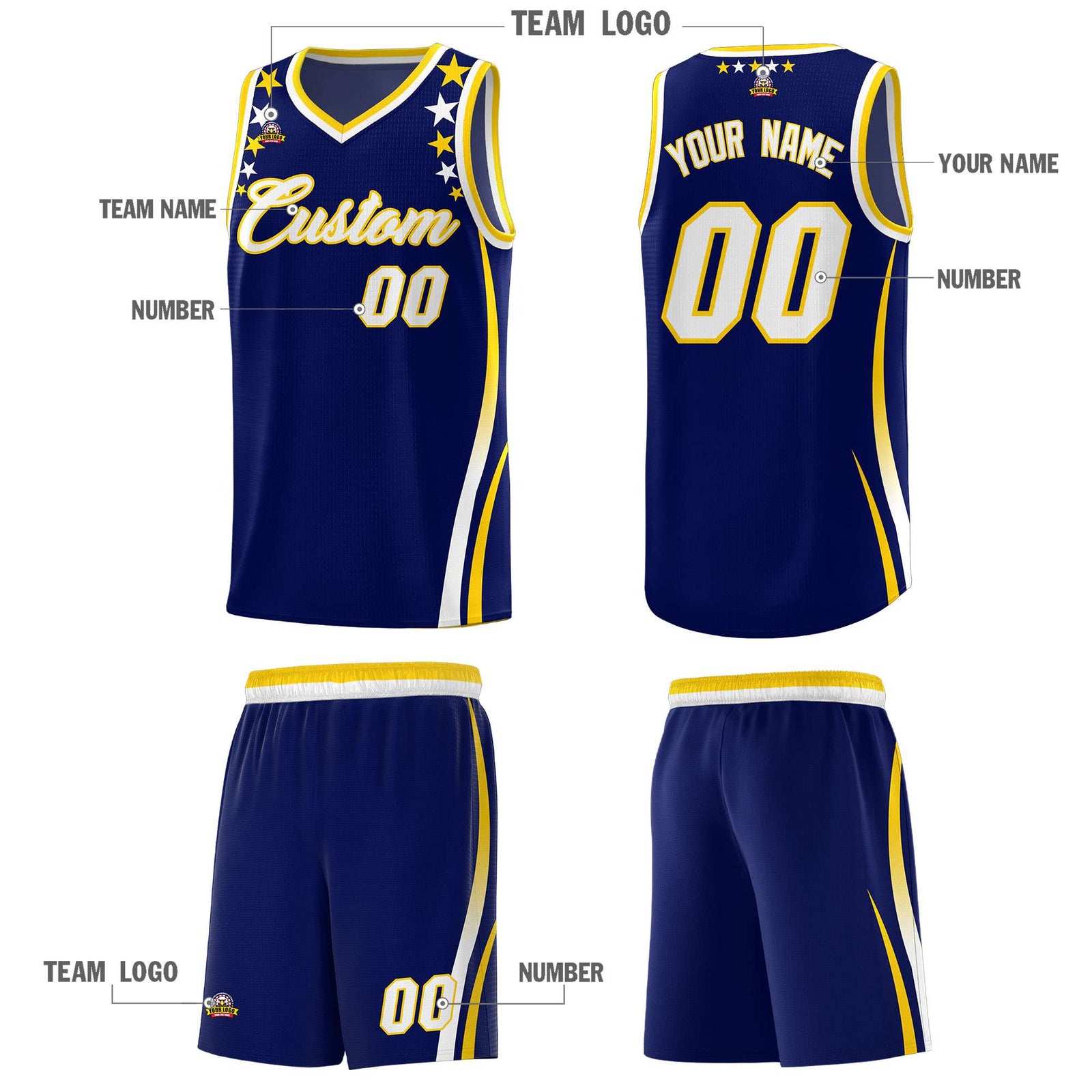 Custom Navy Shoulders Star Pattern Side Color Block Sports Uniform Basketball Jersey