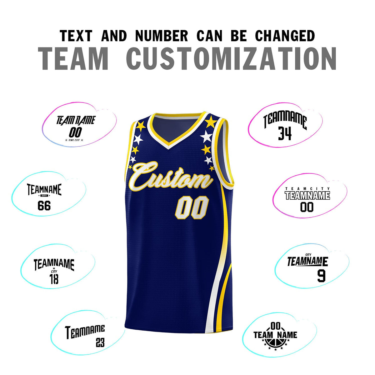 Custom Navy Shoulders Star Pattern Side Color Block Sports Uniform Basketball Jersey