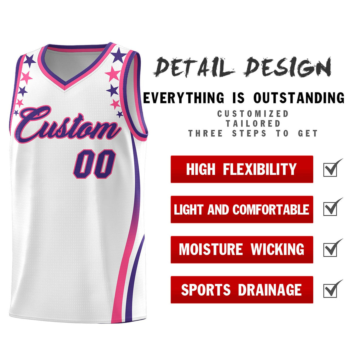 Custom White Shoulders Star Pattern Side Color Block Sports Uniform Basketball Jersey