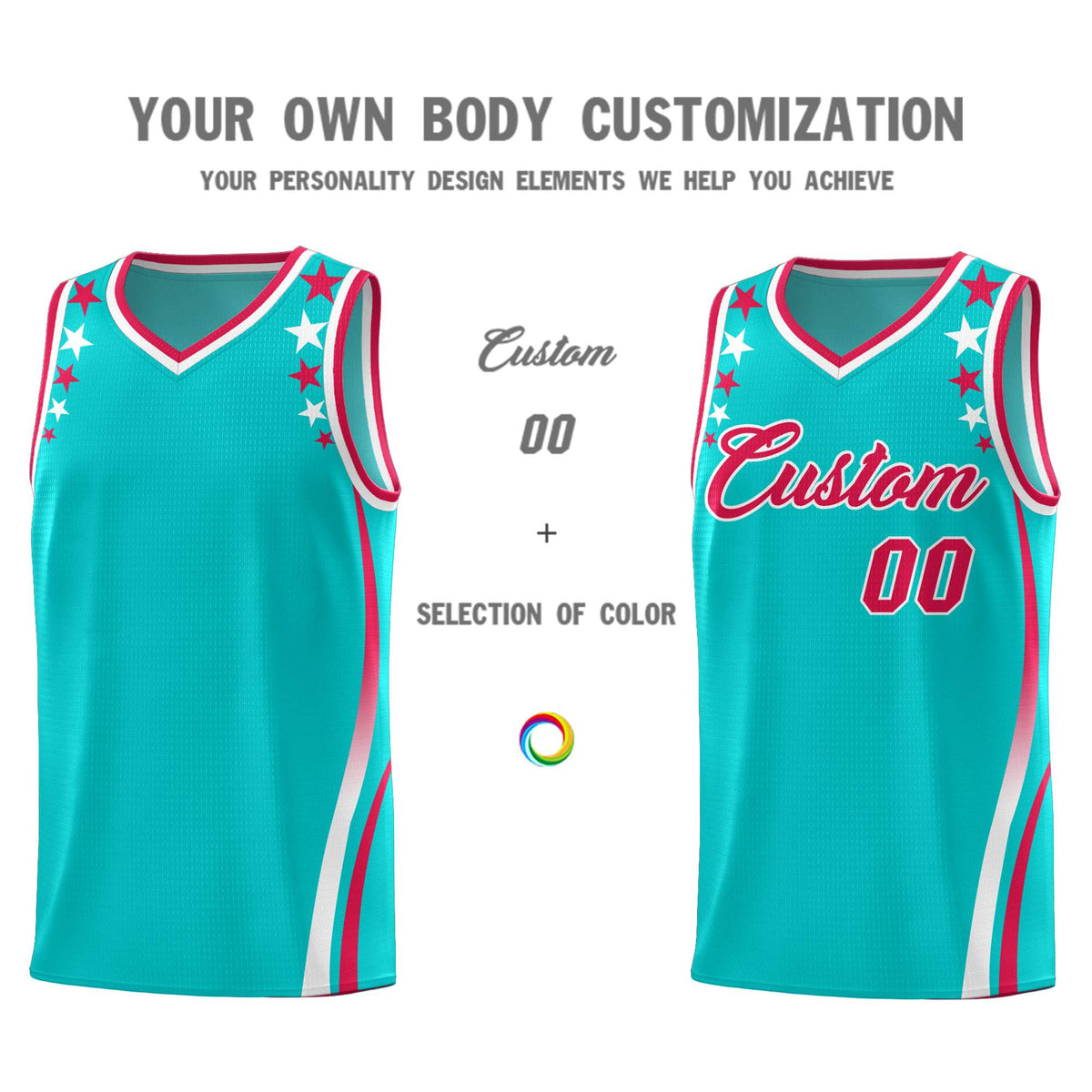Custom Sky Blue Shoulders Star Pattern Side Color Block Sports Uniform Basketball Jersey