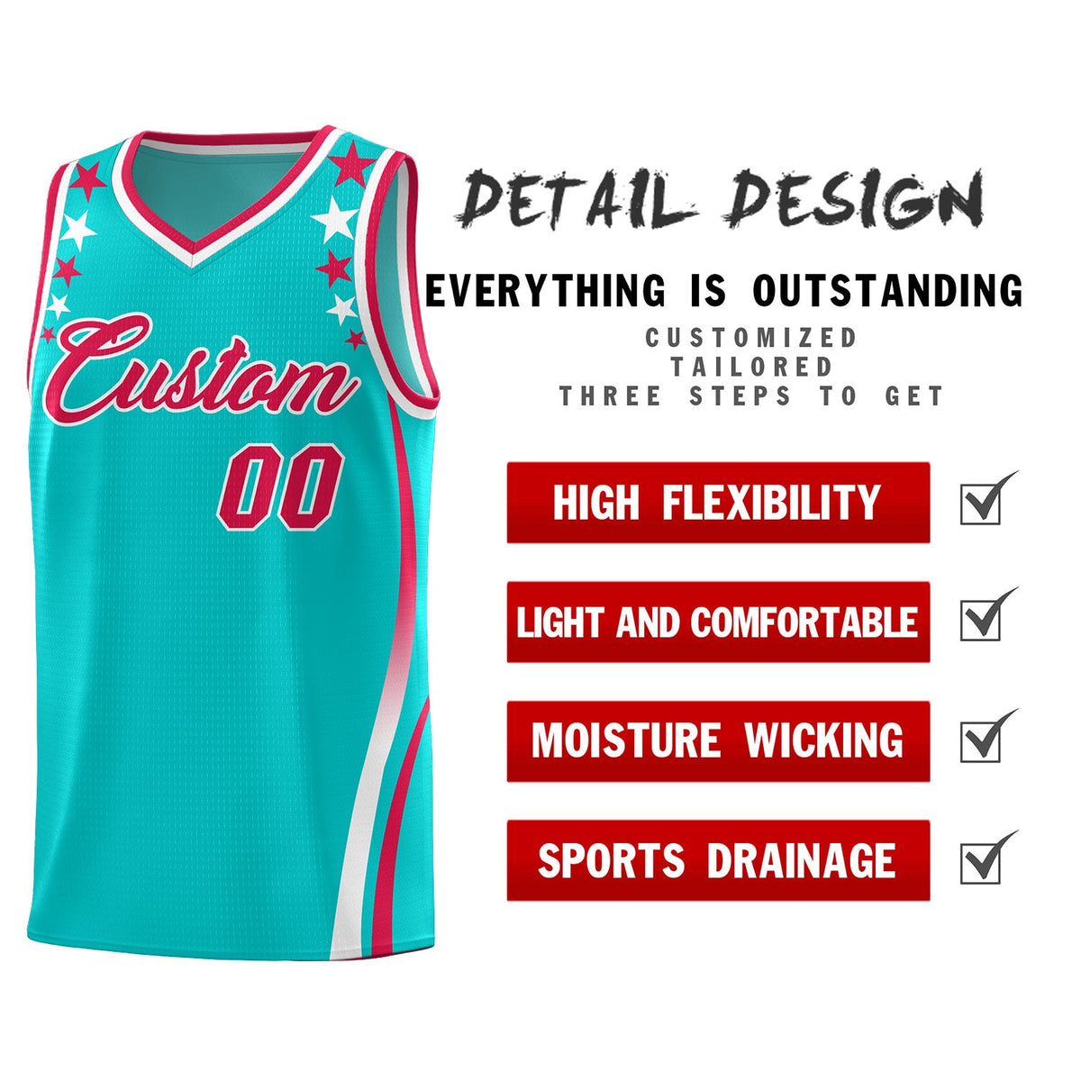 Custom Sky Blue Shoulders Star Pattern Side Color Block Sports Uniform Basketball Jersey