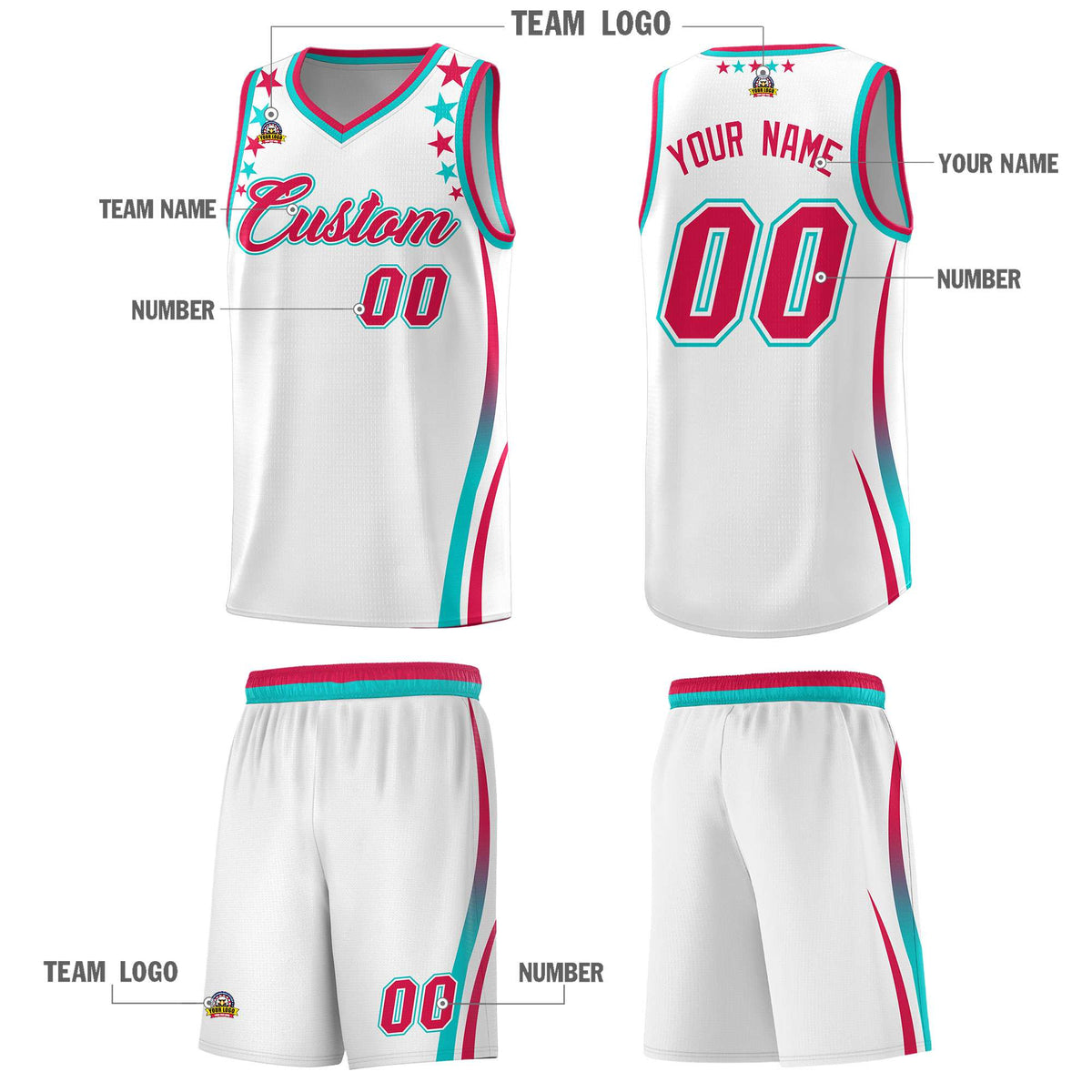 Custom White Shoulders Star Pattern Side Color Block Sports Uniform Basketball Jersey