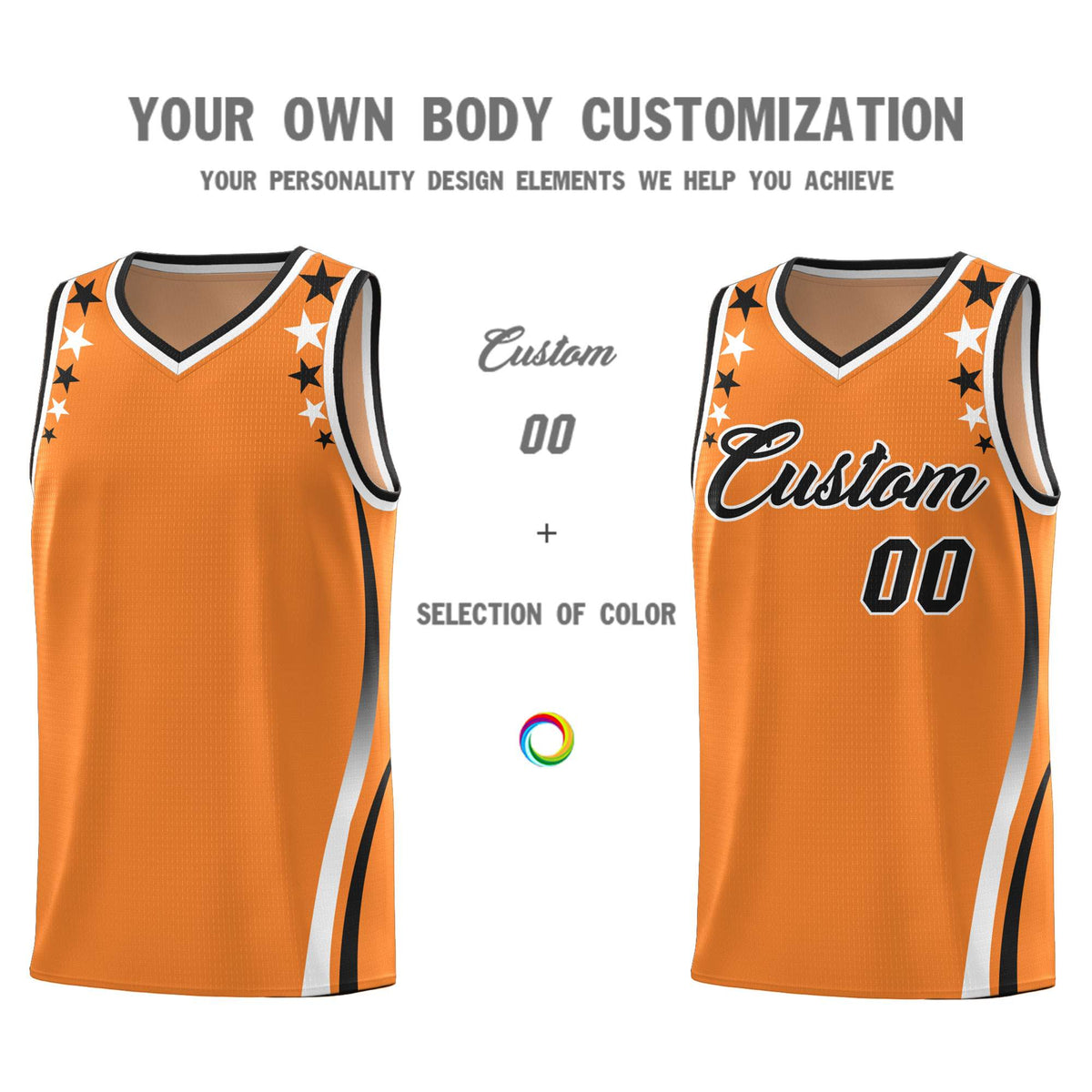 Custom Orange Shoulders Star Pattern Side Color Block Sports Uniform Basketball Jersey