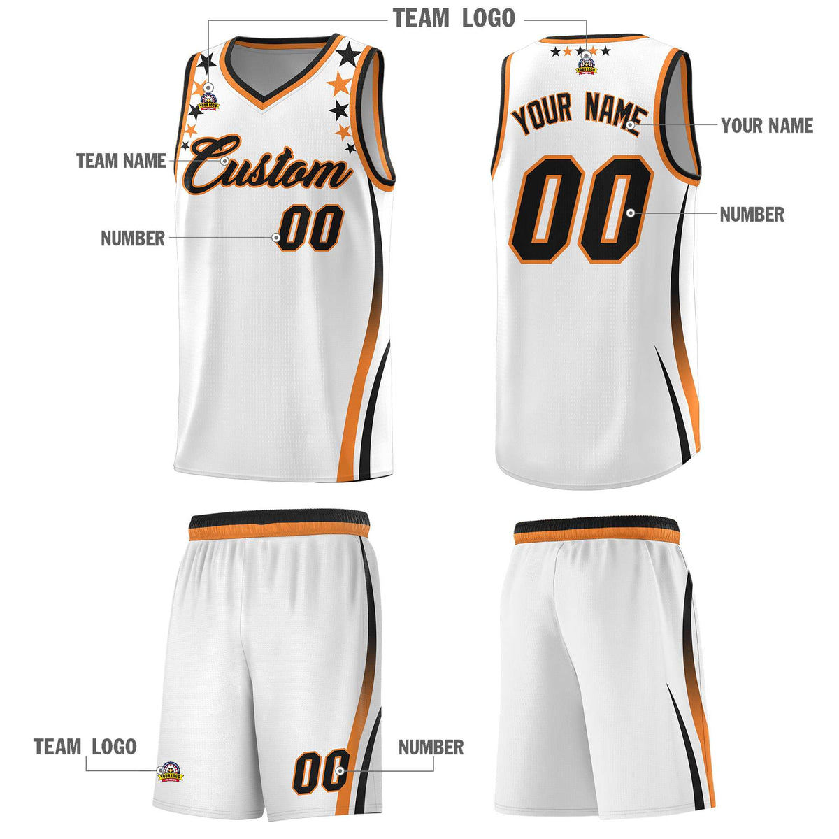 Custom White Shoulders Star Pattern Side Color Block Sports Uniform Basketball Jersey