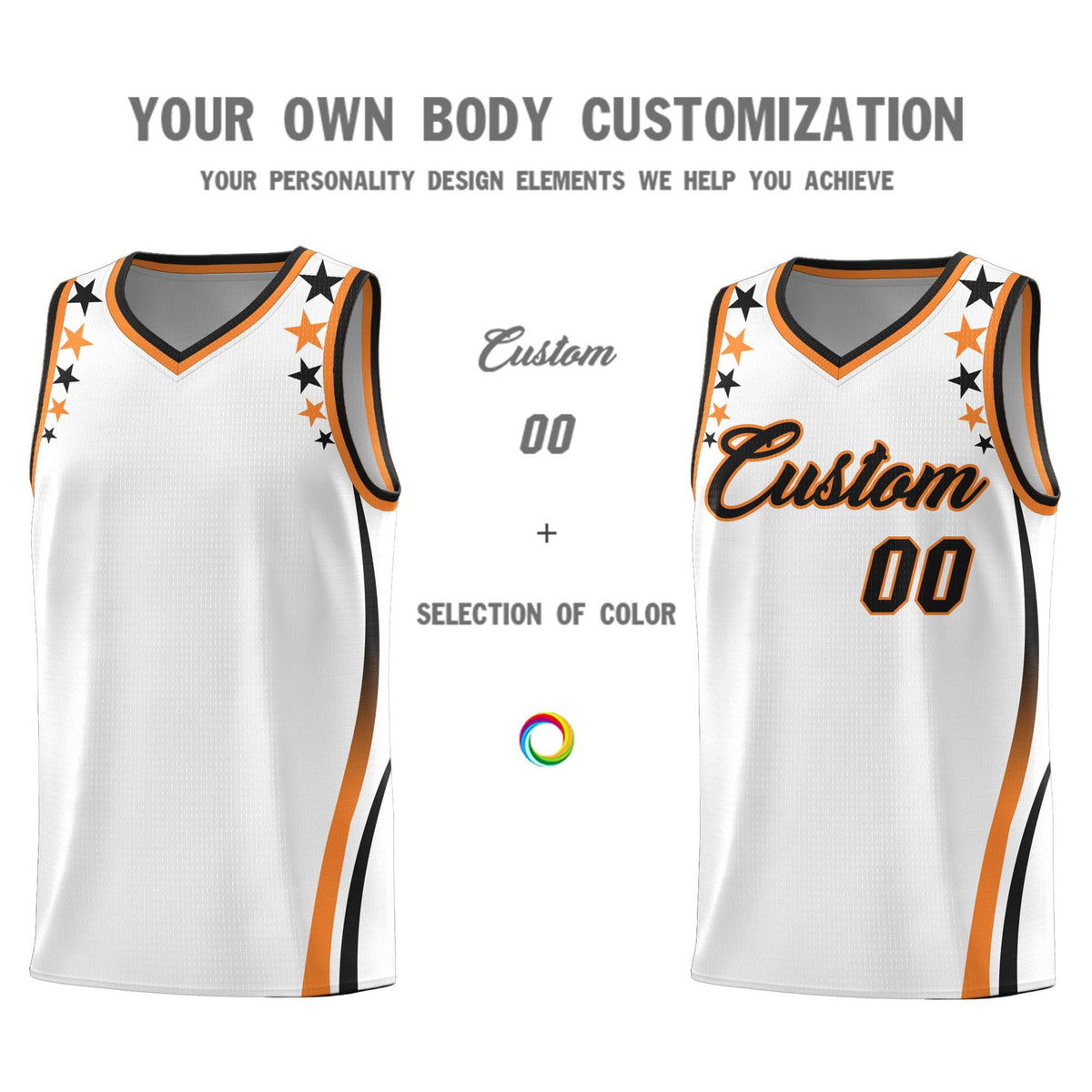 Custom White Shoulders Star Pattern Side Color Block Sports Uniform Basketball Jersey