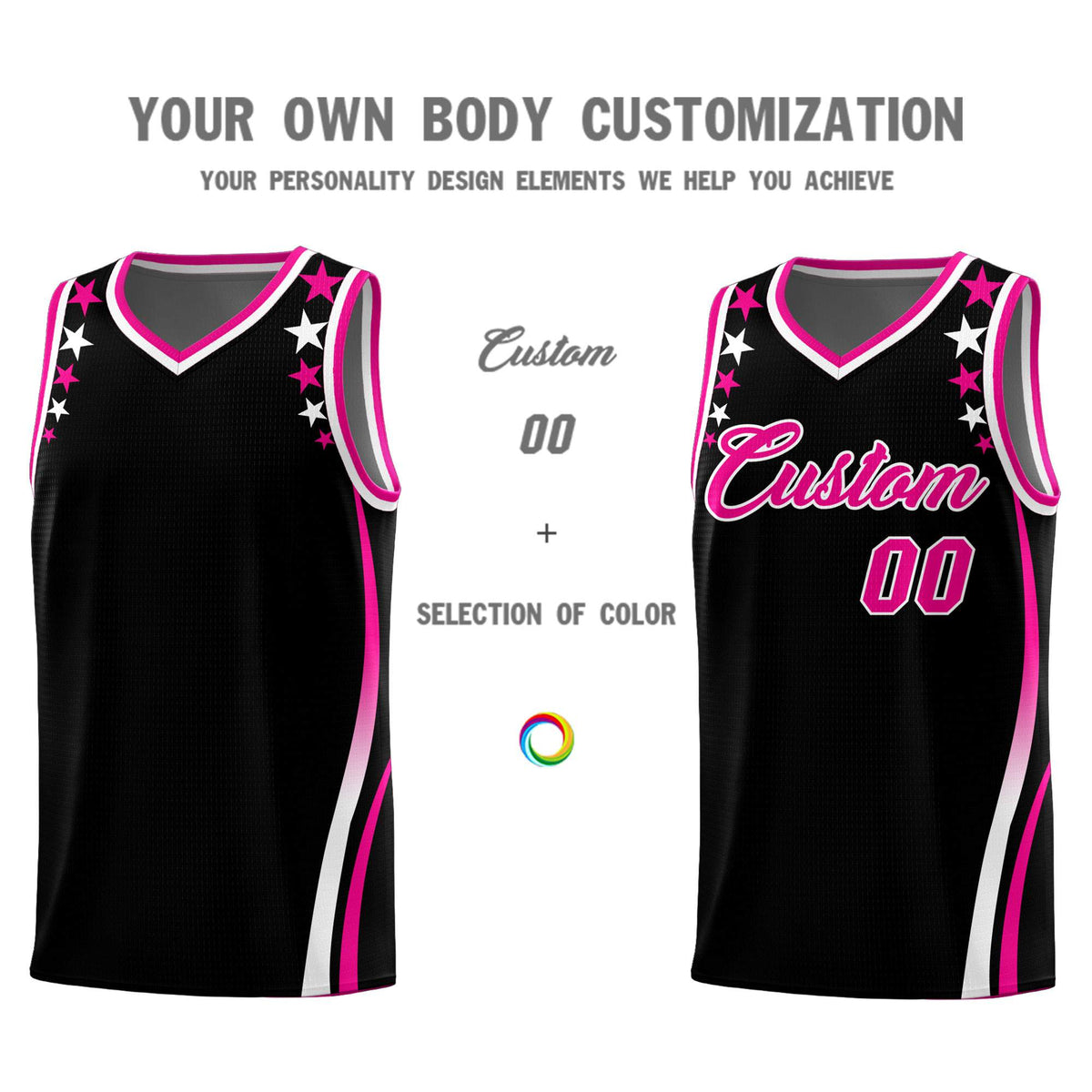 Custom Black Shoulders Star Pattern Side Color Block Sports Uniform Basketball Jersey