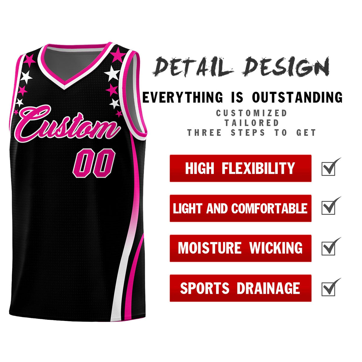 Custom Black Shoulders Star Pattern Side Color Block Sports Uniform Basketball Jersey
