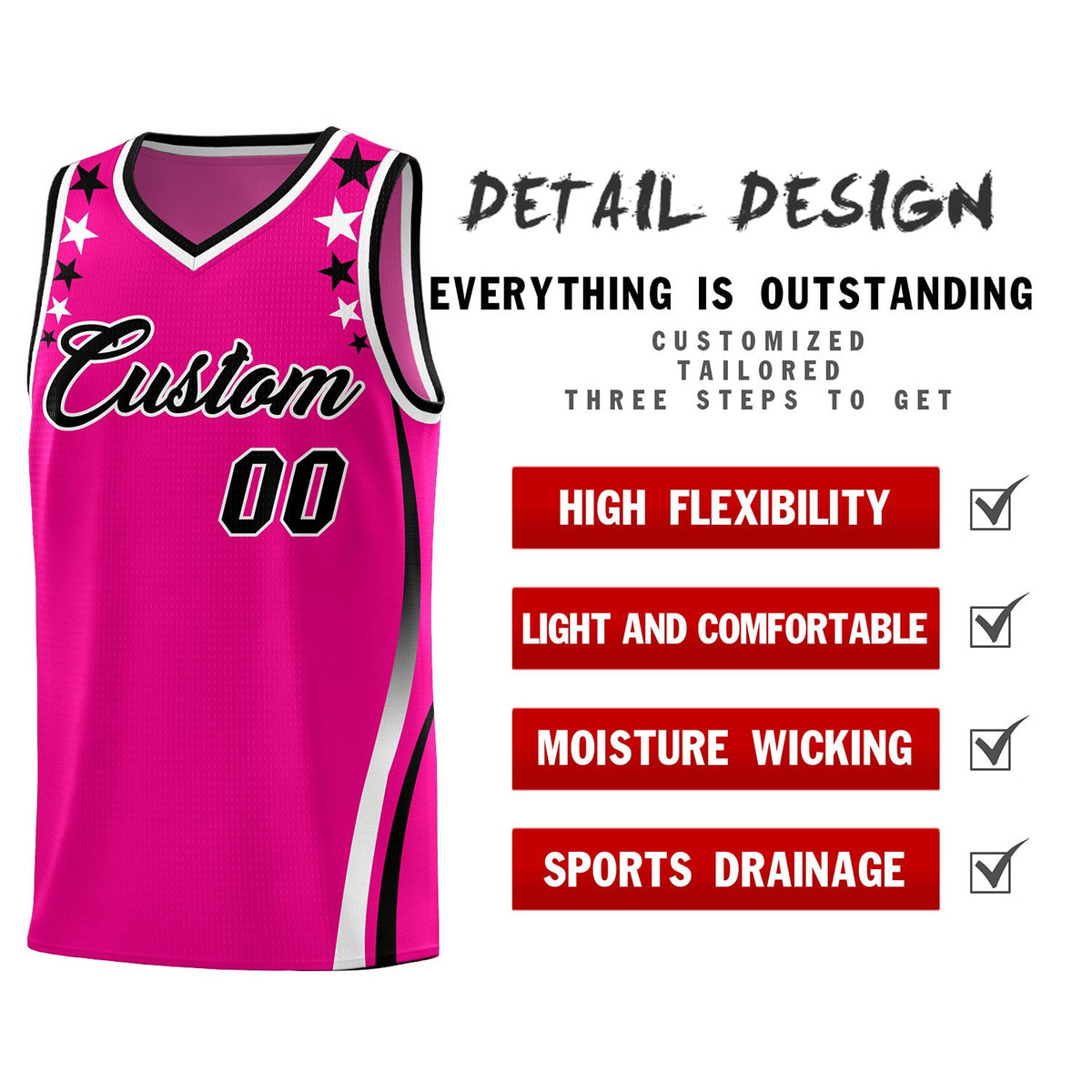 Custom Red Shoulders Star Pattern Side Color Block Sports Uniform Basketball Jersey
