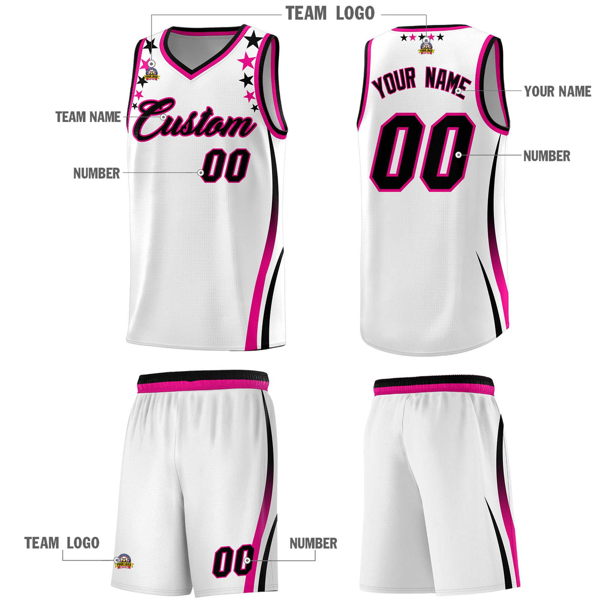 Custom White Shoulders Star Pattern Side Color Block Sports Uniform Basketball Jersey