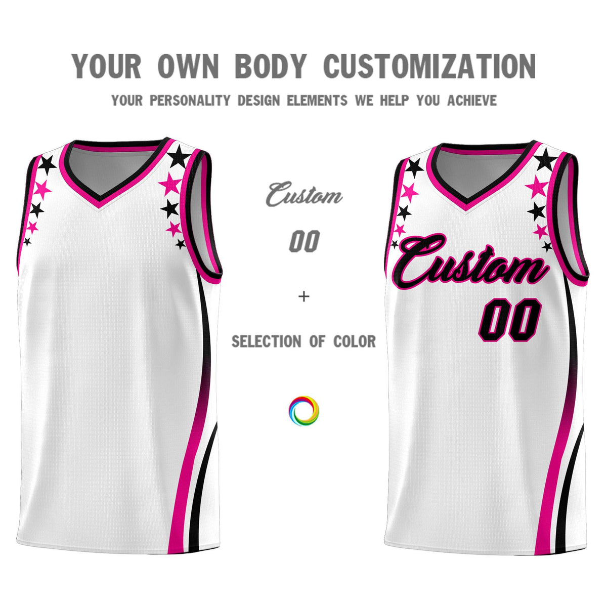 Custom White Shoulders Star Pattern Side Color Block Sports Uniform Basketball Jersey