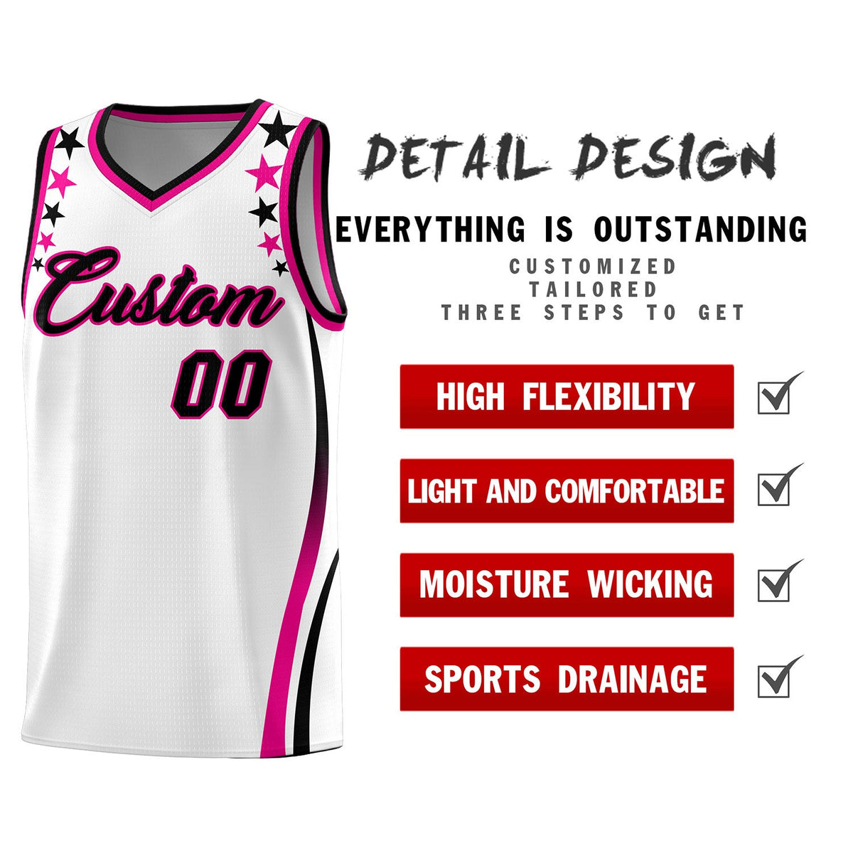 Custom White Shoulders Star Pattern Side Color Block Sports Uniform Basketball Jersey