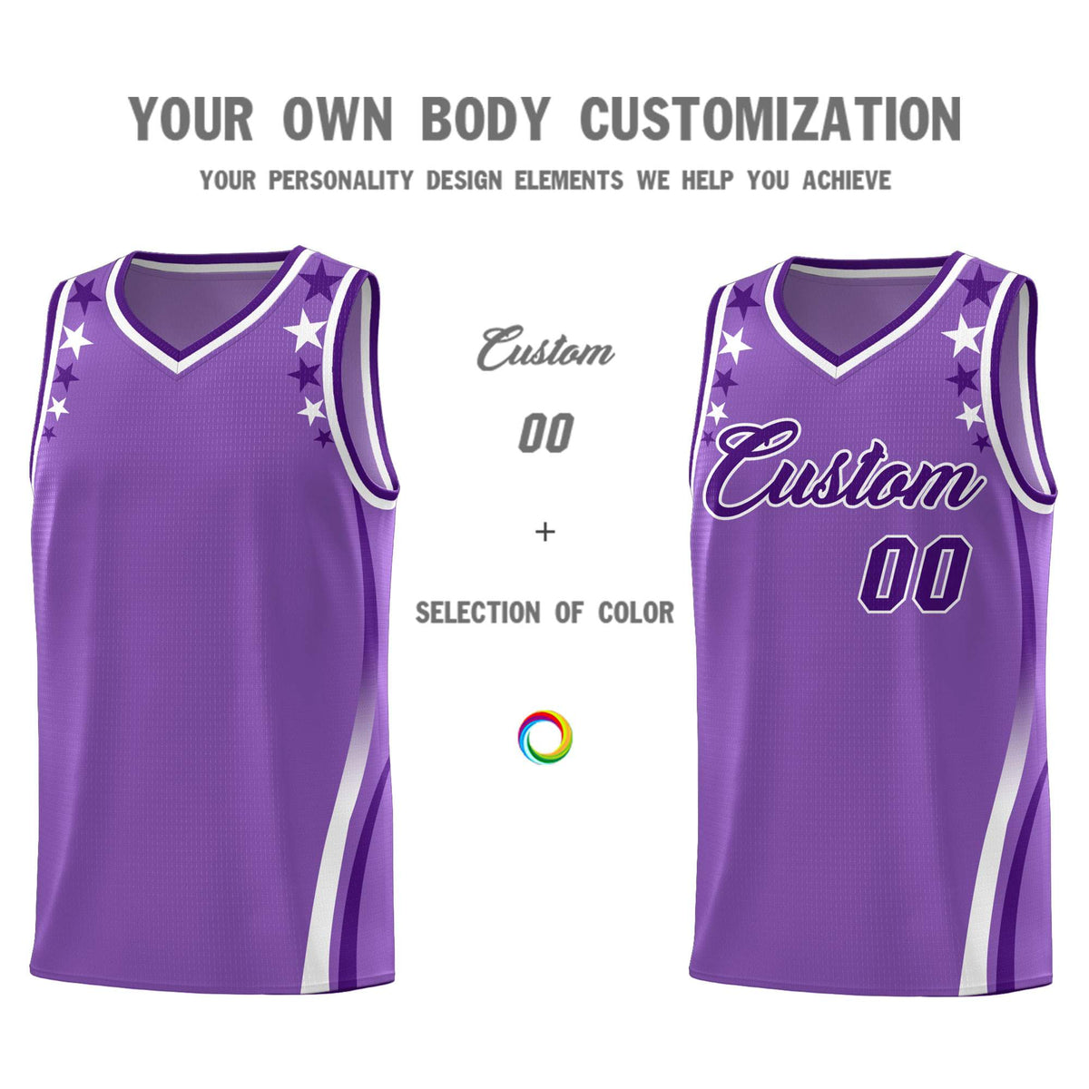 Custom Light Purple Shoulders Star Pattern Side Color Block Sports Uniform Basketball Jersey