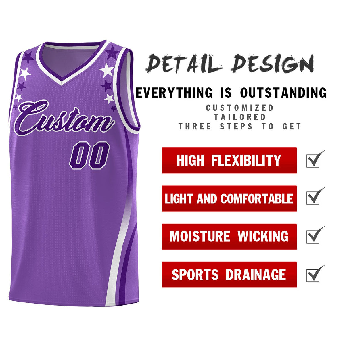 Custom Light Purple Shoulders Star Pattern Side Color Block Sports Uniform Basketball Jersey