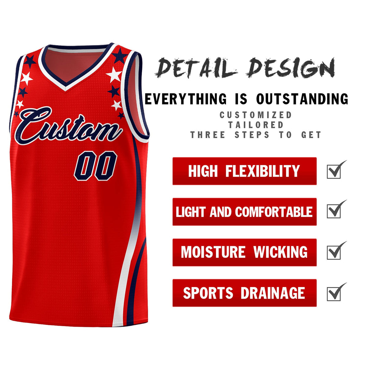 Custom Red Shoulders Star Pattern Side Color Block Sports Uniform Basketball Jersey