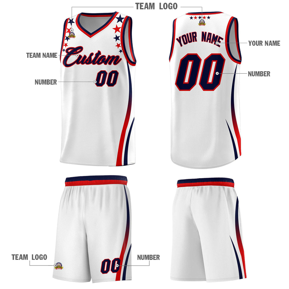 Custom White Shoulders Star Pattern Side Color Block Sports Uniform Basketball Jersey