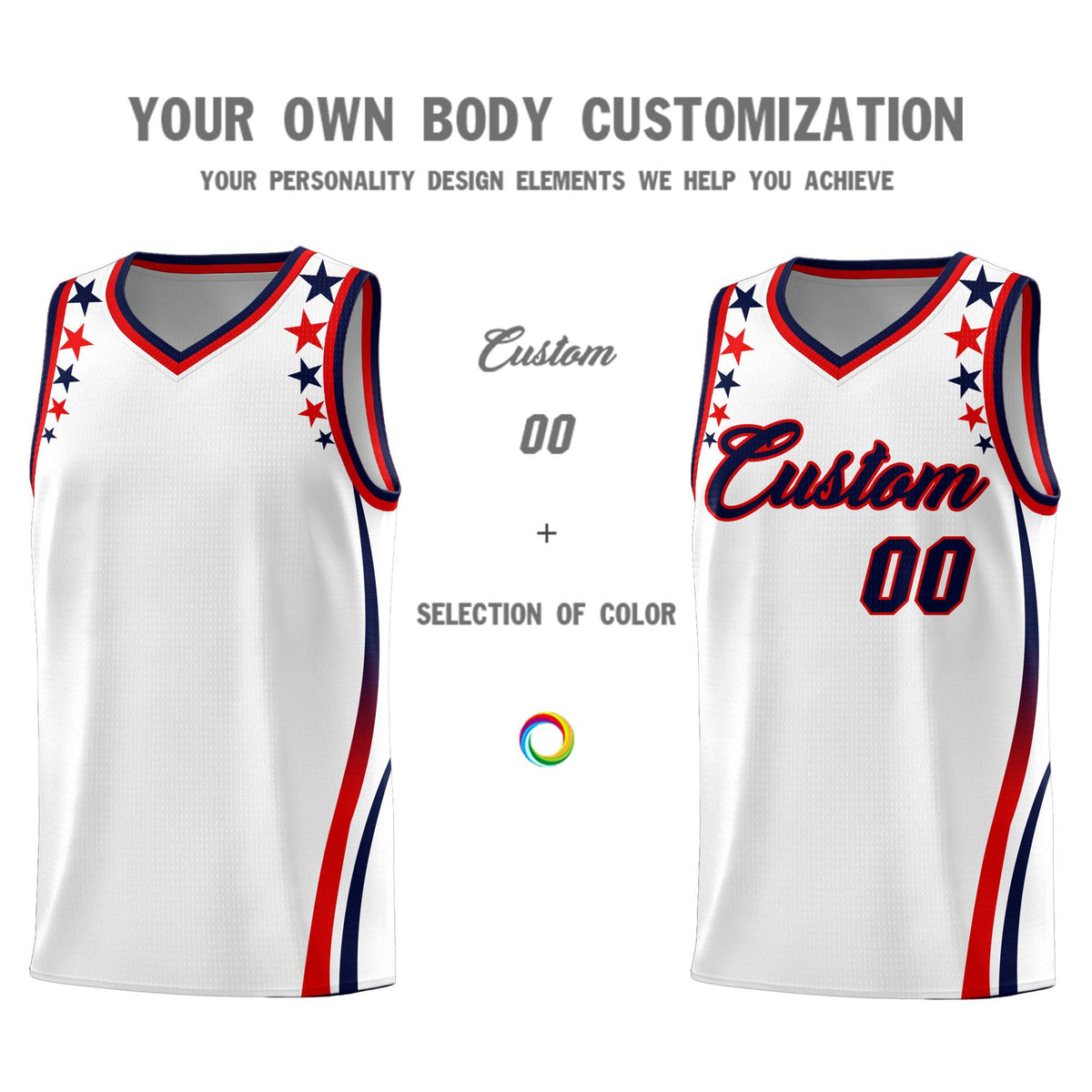 Custom White Shoulders Star Pattern Side Color Block Sports Uniform Basketball Jersey