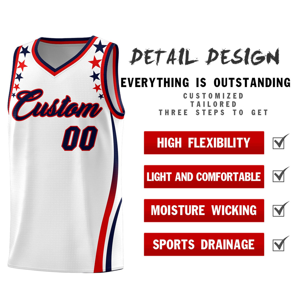 Custom White Shoulders Star Pattern Side Color Block Sports Uniform Basketball Jersey