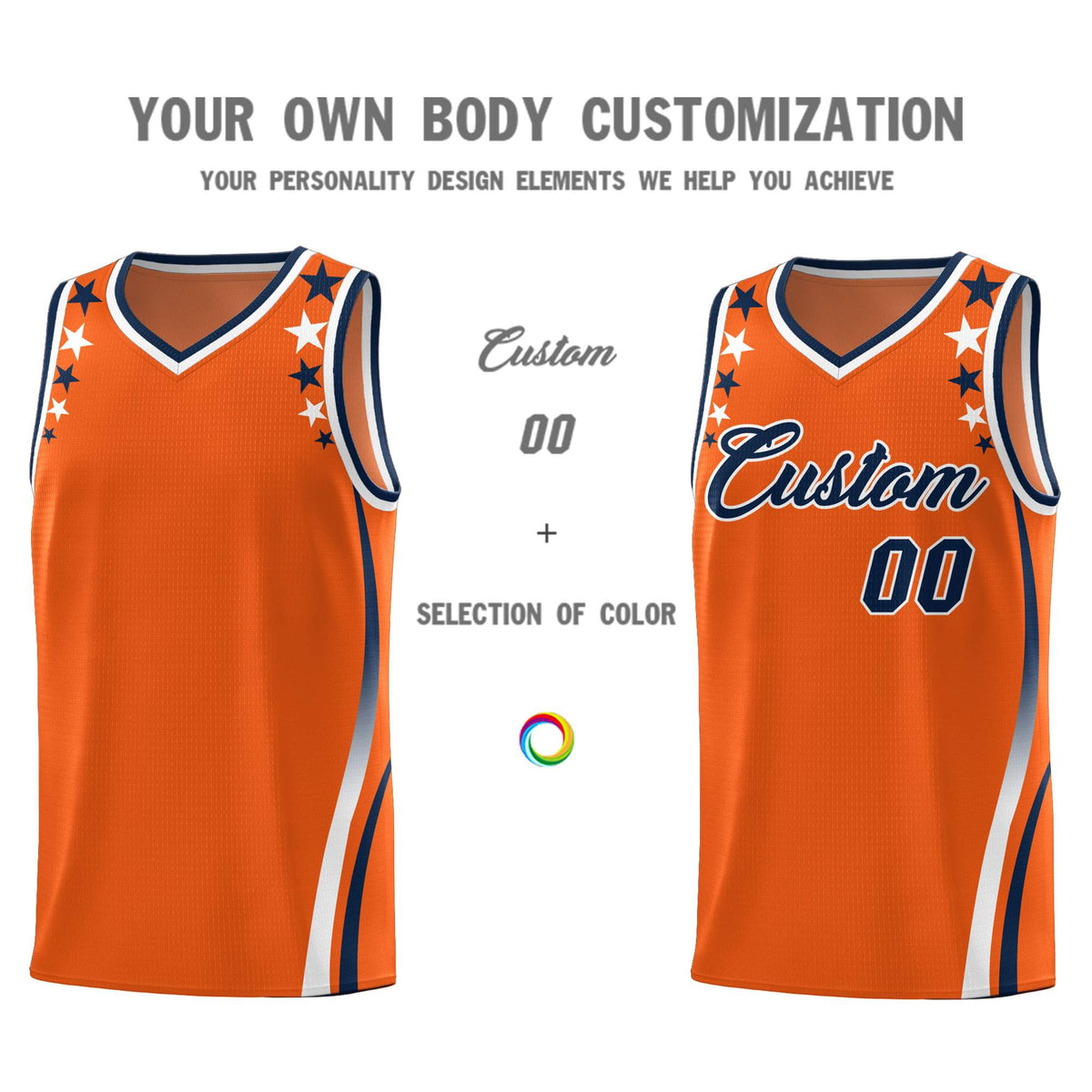 Custom Orange Shoulders Star Pattern Side Color Block Sports Uniform Basketball Jersey