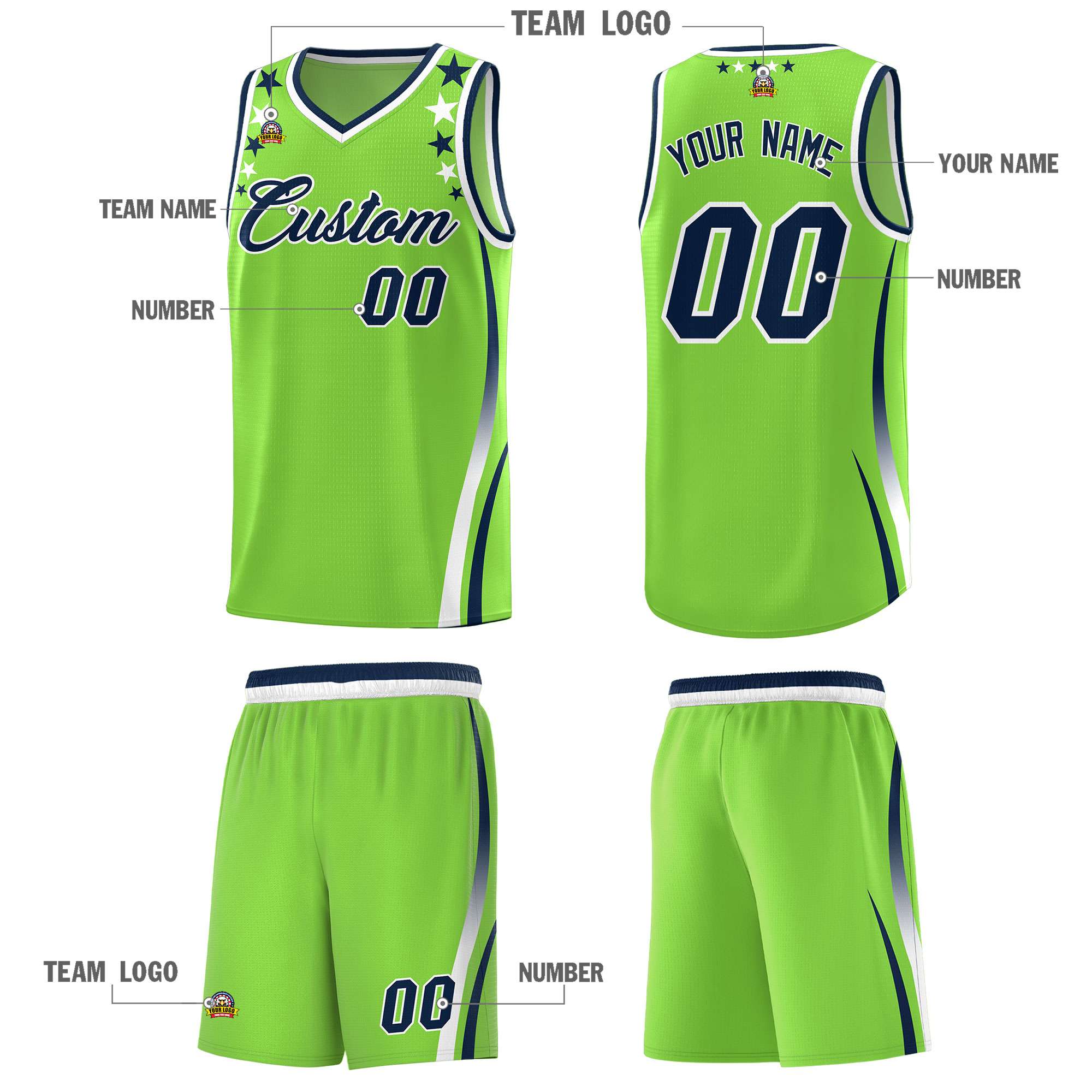 Custom Neon Green Shoulders Star Pattern Side Color Block Sports Uniform Basketball Jersey