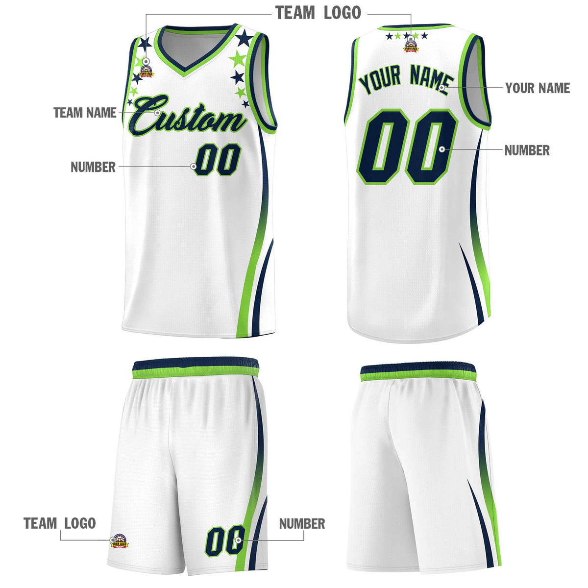 Custom White Shoulders Star Pattern Side Color Block Sports Uniform Basketball Jersey