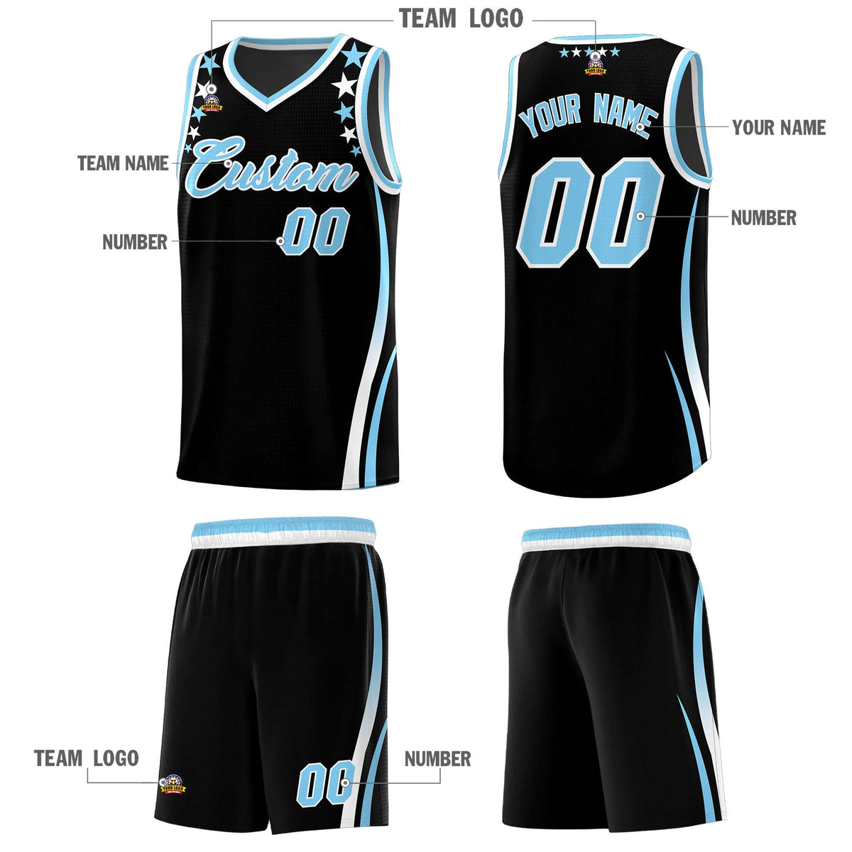Custom Black Shoulders Star Pattern Side Color Block Sports Uniform Basketball Jersey