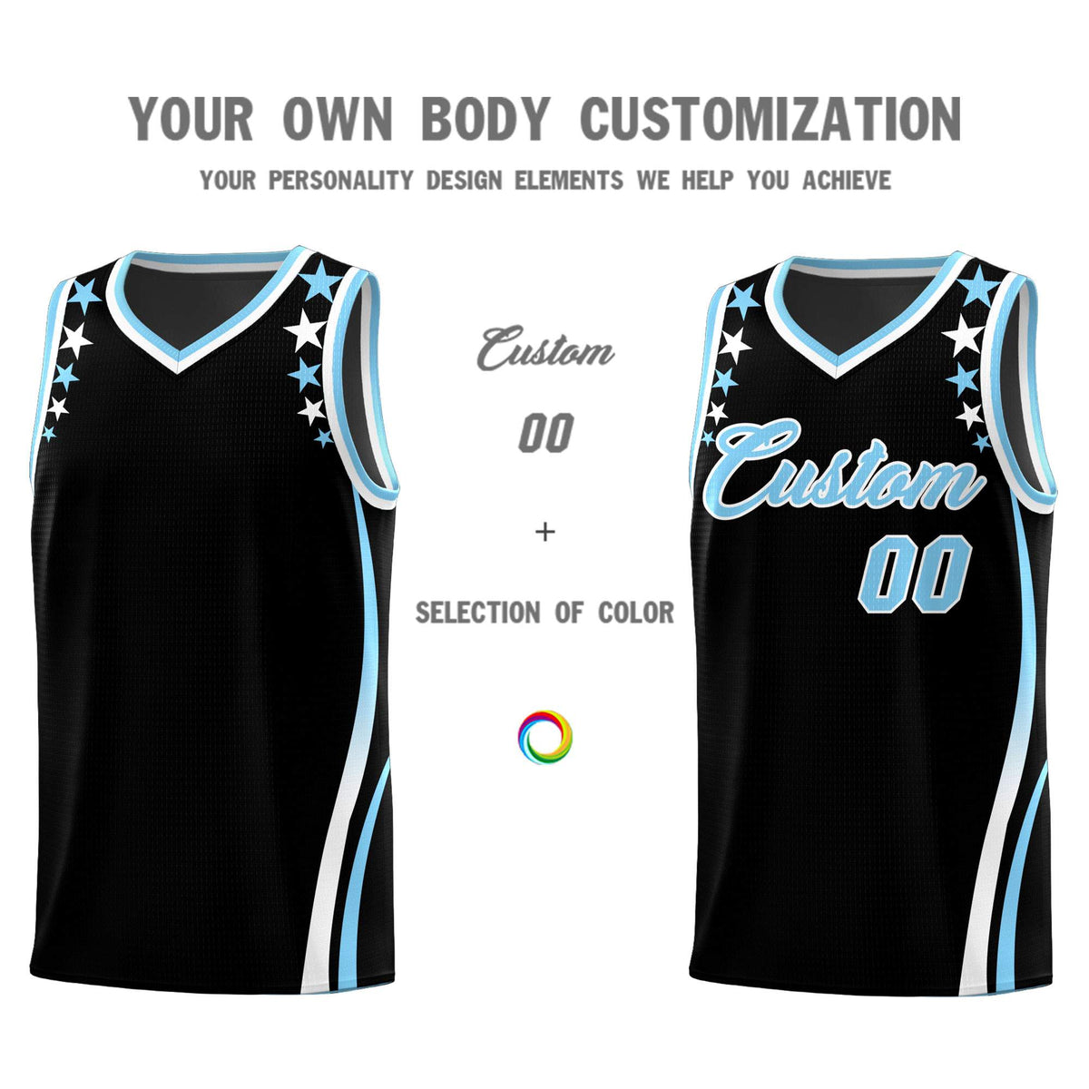 Custom Black Shoulders Star Pattern Side Color Block Sports Uniform Basketball Jersey