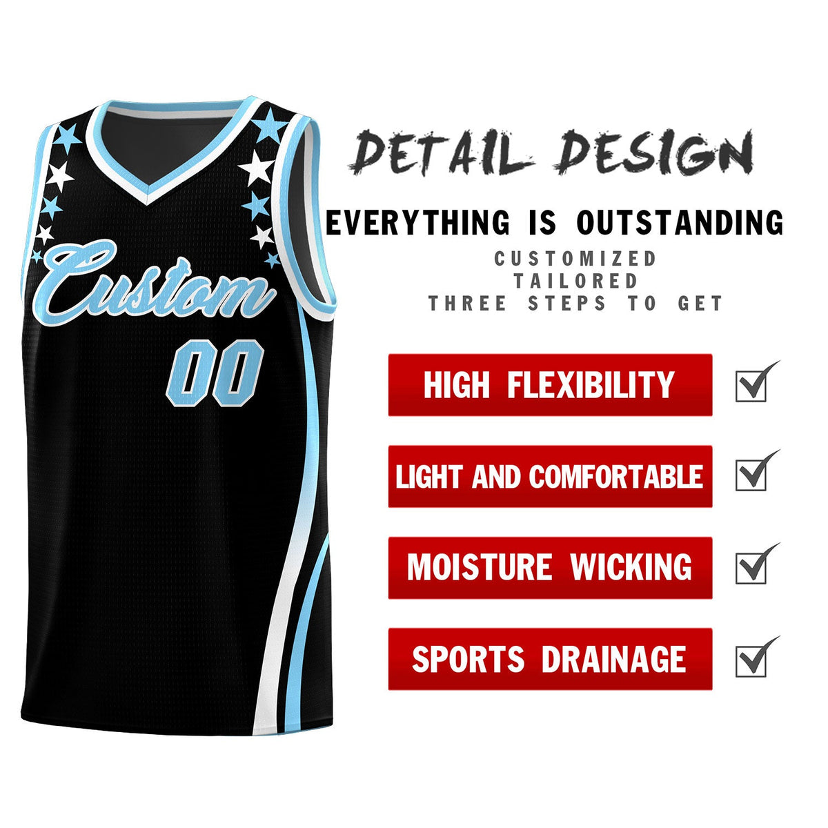 Custom Black Shoulders Star Pattern Side Color Block Sports Uniform Basketball Jersey