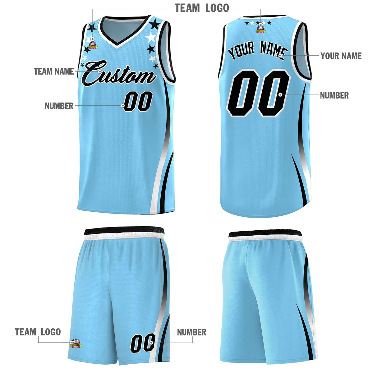 Custom Light Blue Shoulders Star Pattern Side Color Block Sports Uniform Basketball Jersey