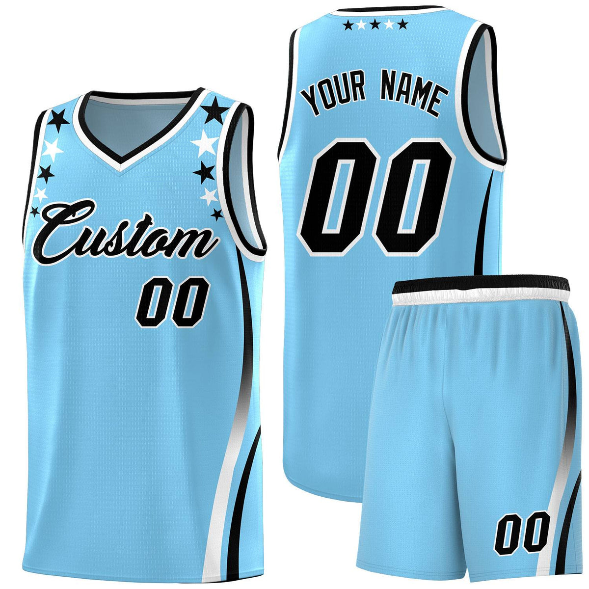 Custom Light Blue Shoulders Star Pattern Side Color Block Sports Uniform Basketball Jersey