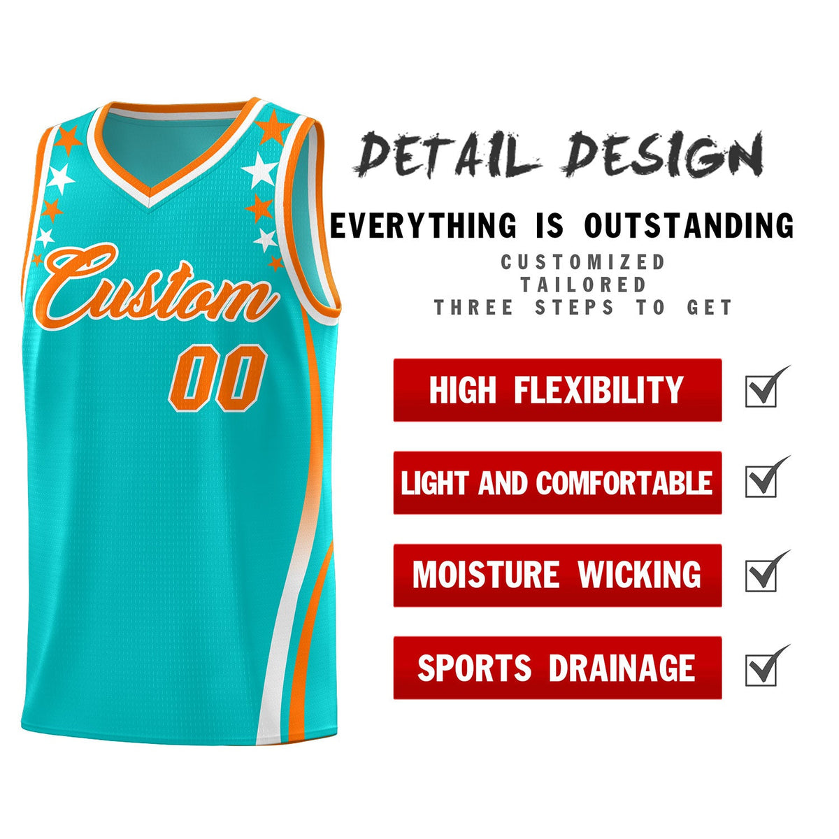 Custom Sky Blue Shoulders Star Pattern Side Color Block Sports Uniform Basketball Jersey