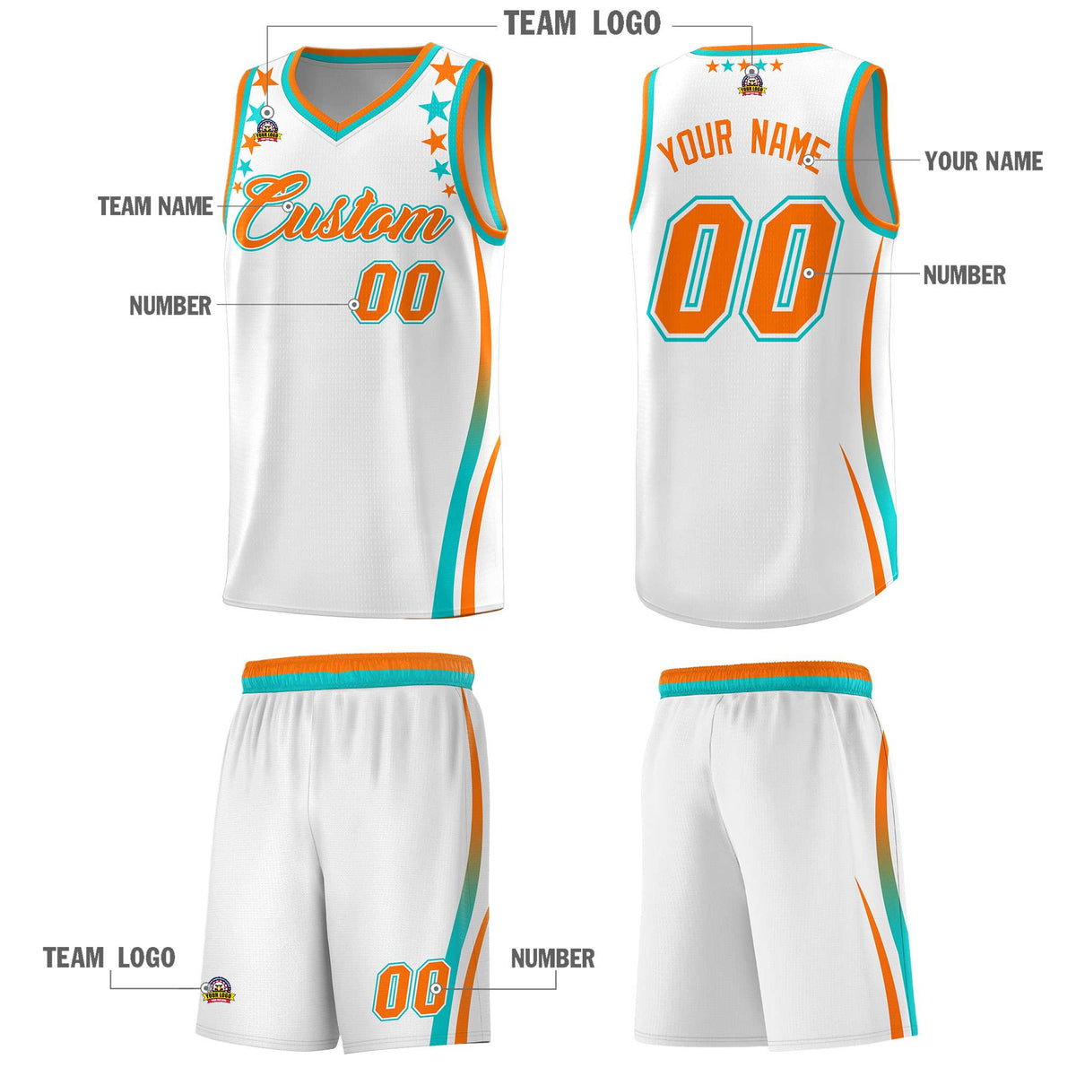 Custom White Shoulders Star Pattern Side Color Block Sports Uniform Basketball Jersey