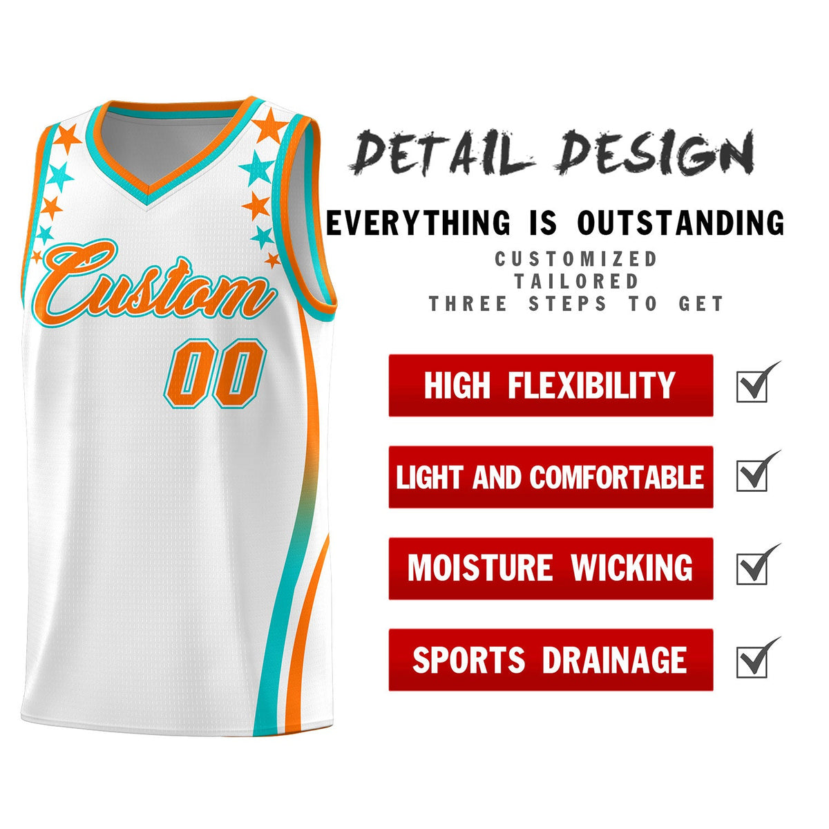 Custom White Shoulders Star Pattern Side Color Block Sports Uniform Basketball Jersey
