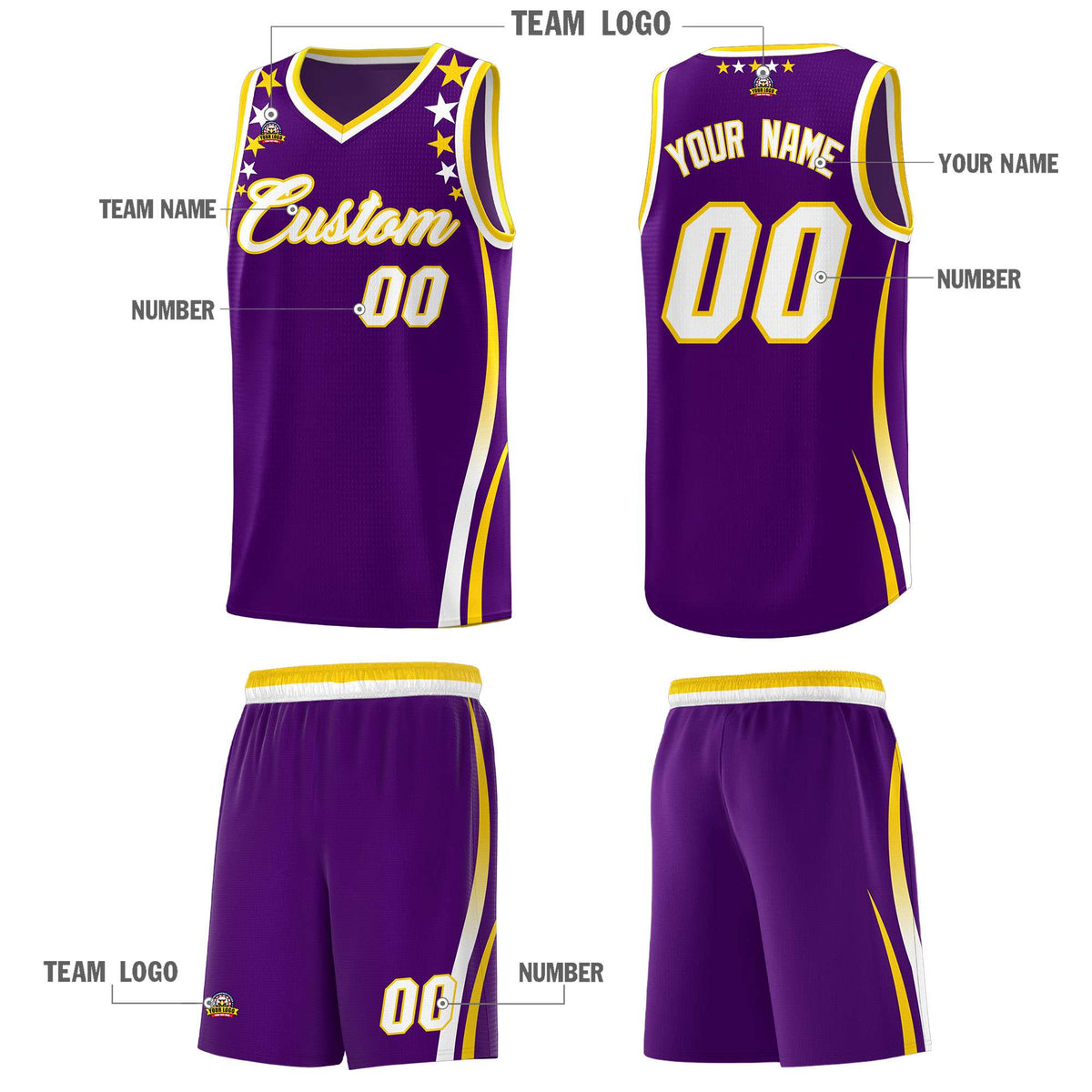 Custom Purple Shoulders Star Pattern Side Color Block Sports Uniform Basketball Jersey