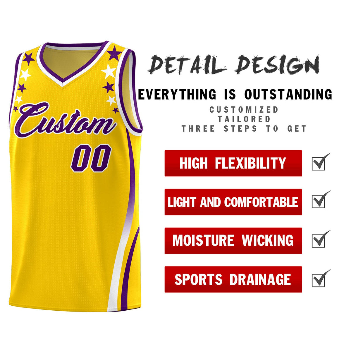 Custom Gold Shoulders Star Pattern Side Color Block Sports Uniform Basketball Jersey