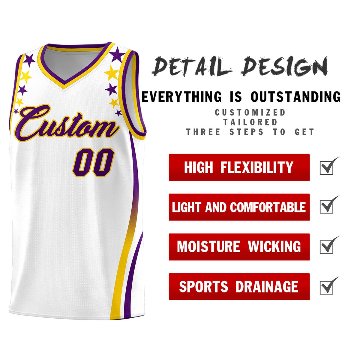 Custom White Shoulders Star Pattern Side Color Block Sports Uniform Basketball Jersey