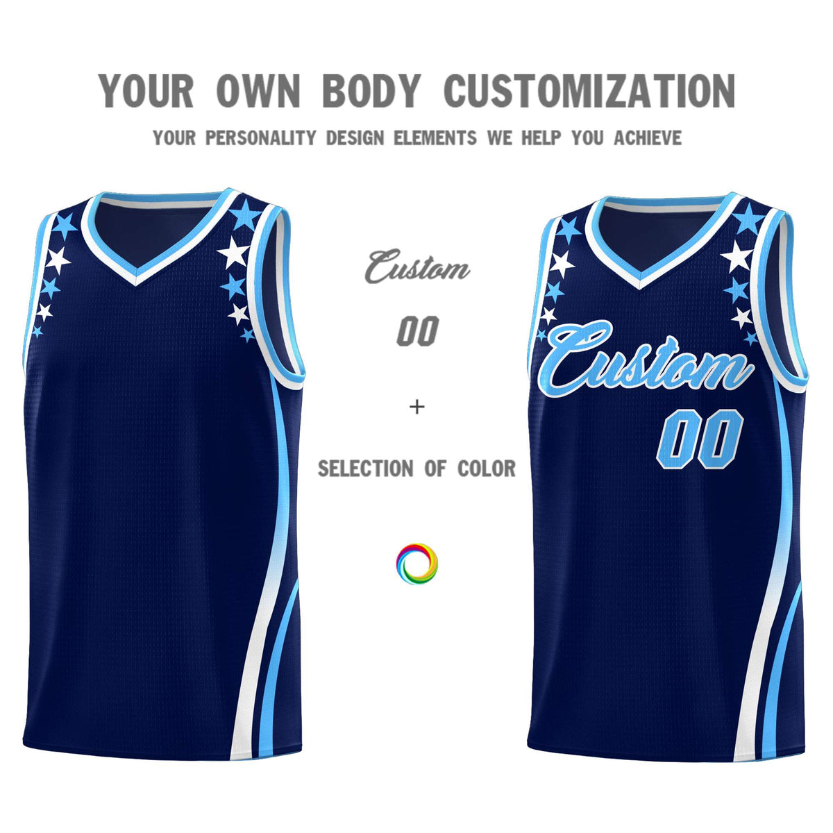 Custom Navy Shoulders Star Pattern Side Color Block Sports Uniform Basketball Jersey