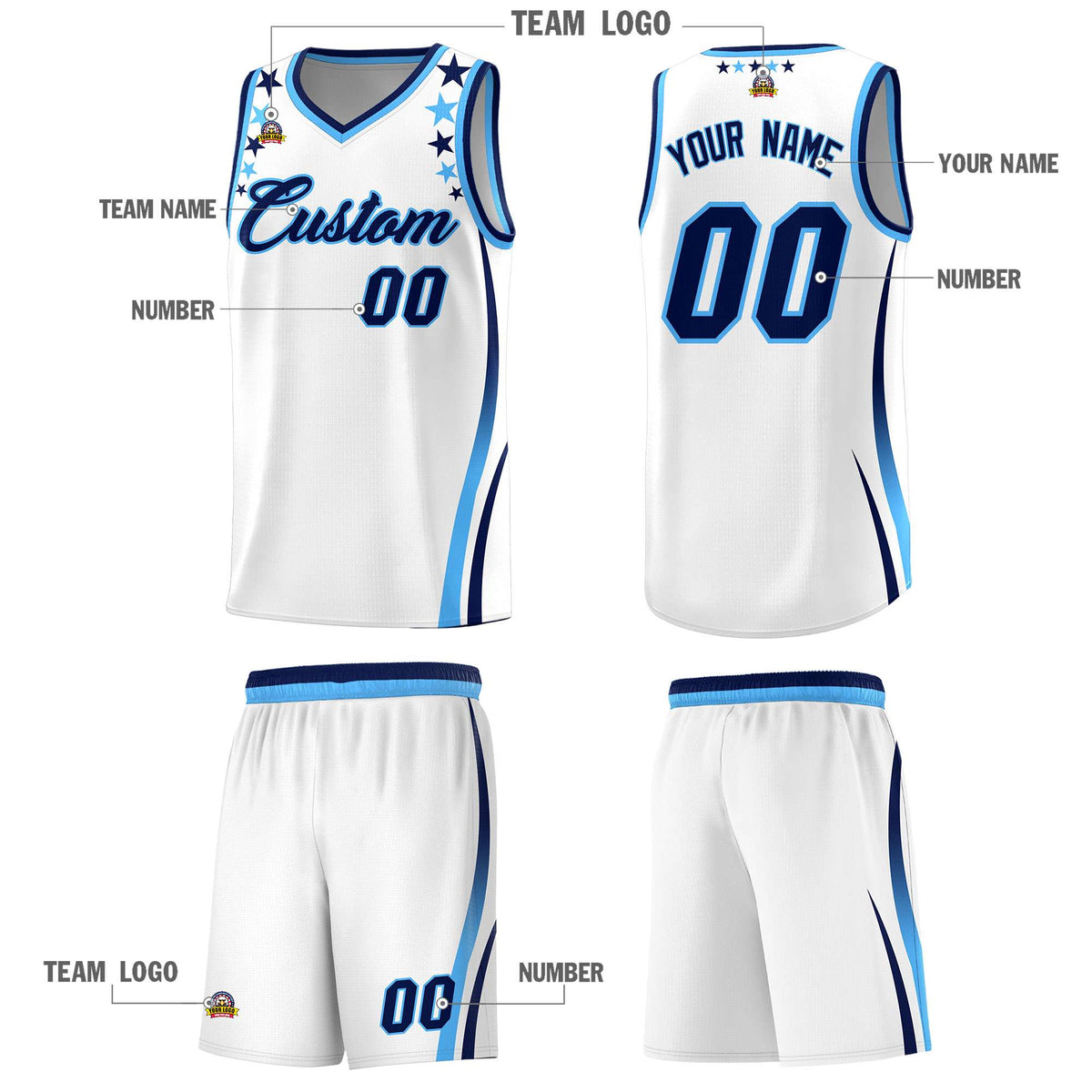 Custom White Shoulders Star Pattern Side Color Block Sports Uniform Basketball Jersey