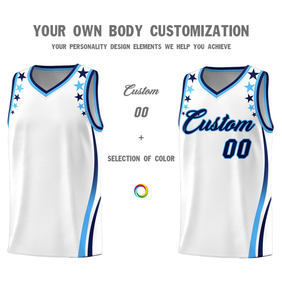 Custom White Shoulders Star Pattern Side Color Block Sports Uniform Basketball Jersey