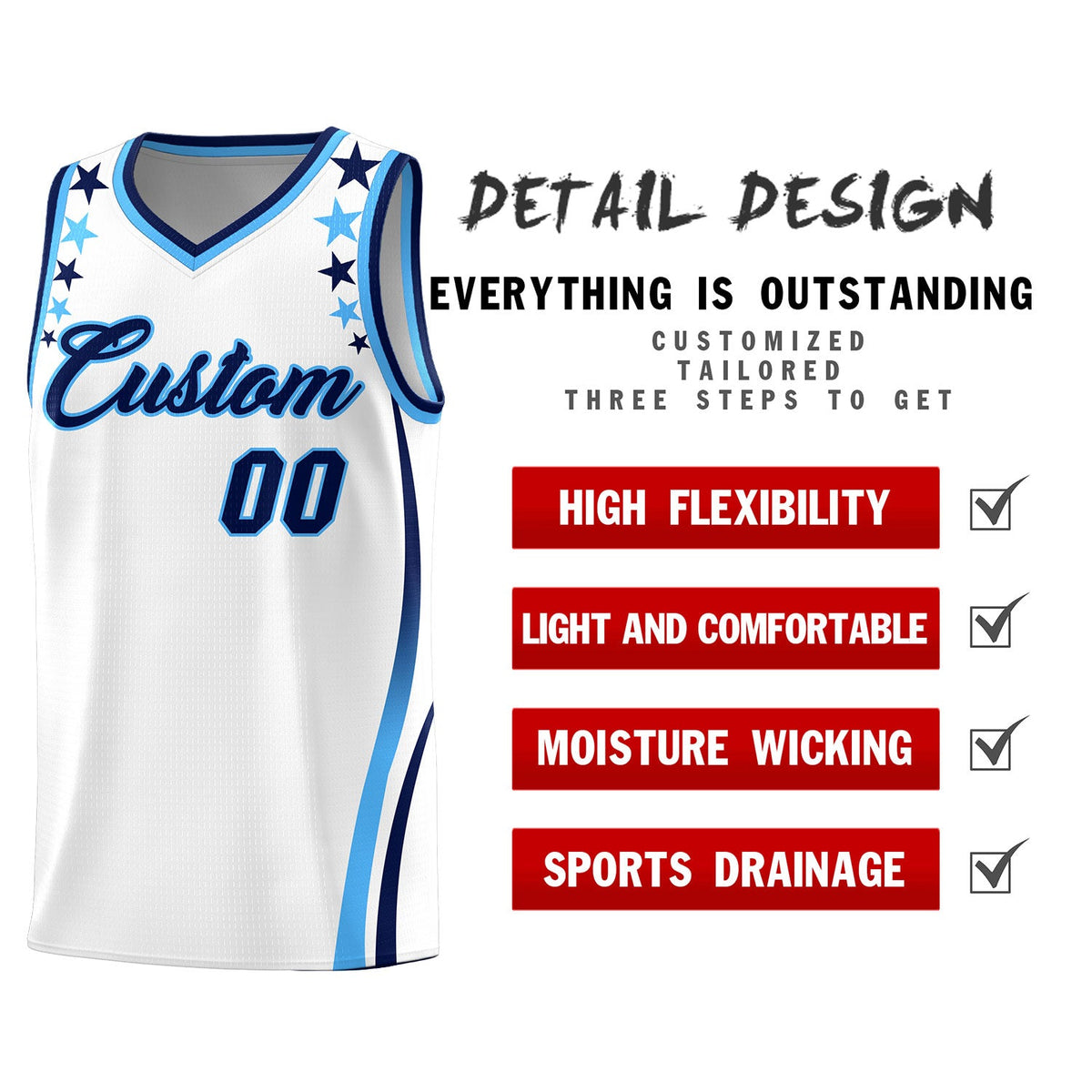 Custom White Shoulders Star Pattern Side Color Block Sports Uniform Basketball Jersey