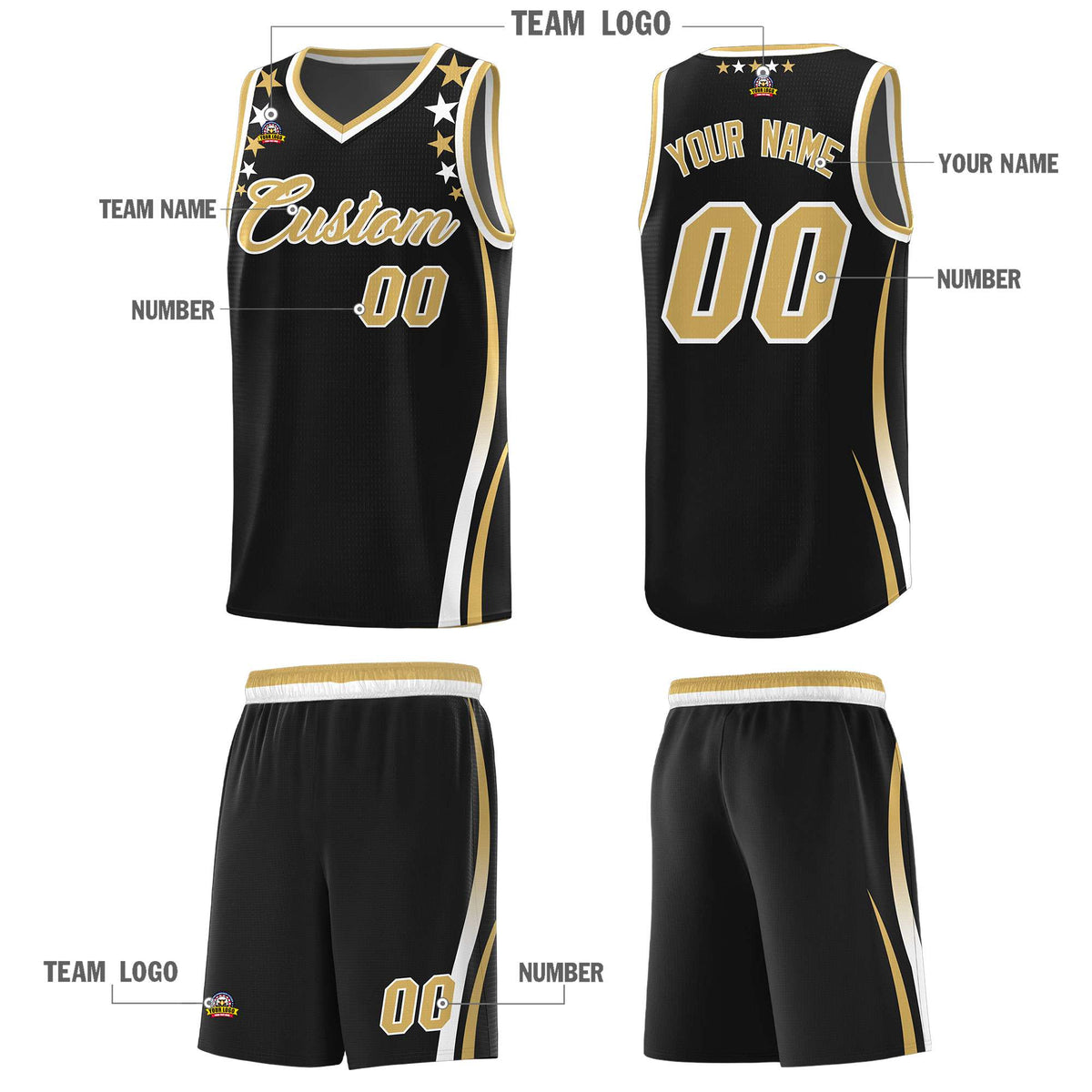 Custom Black Shoulders Star Pattern Side Color Block Sports Uniform Basketball Jersey