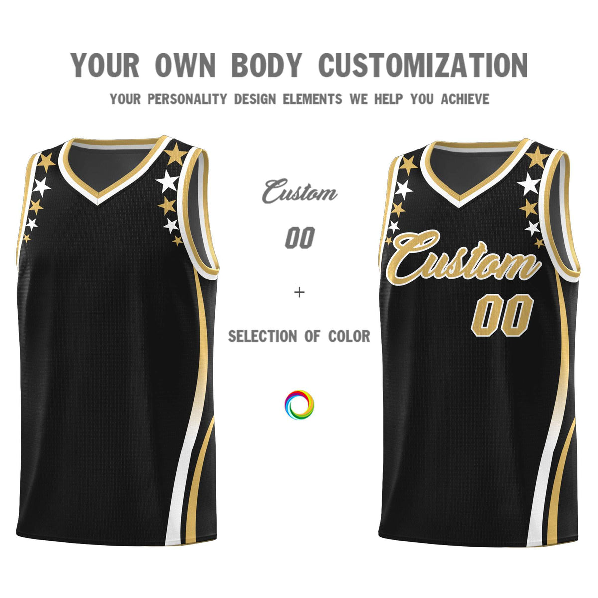 Custom Black Shoulders Star Pattern Side Color Block Sports Uniform Basketball Jersey