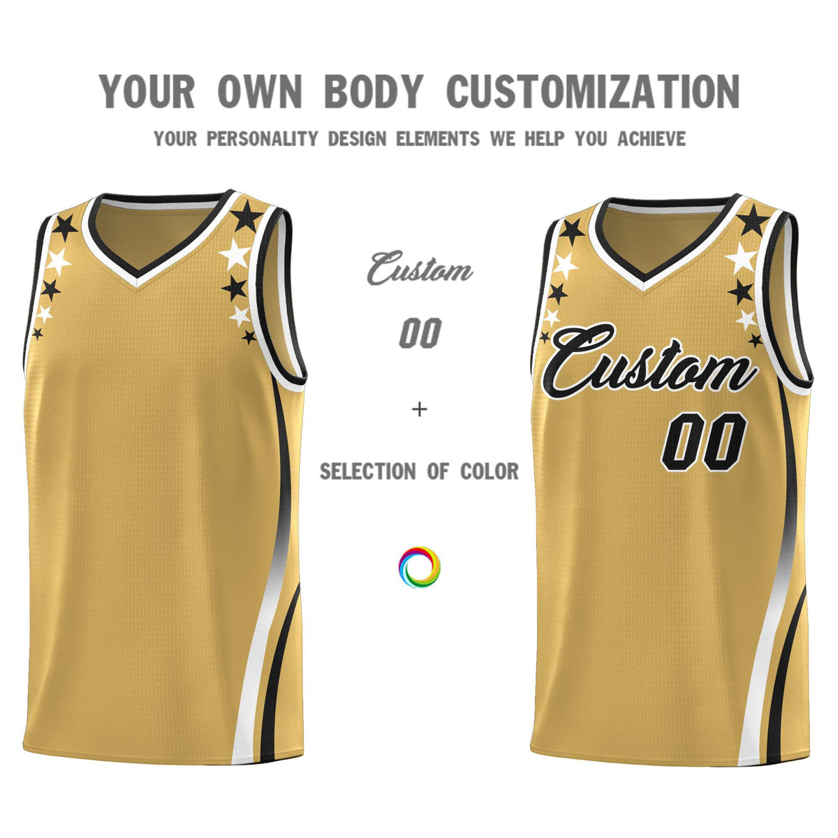 Custom Old Gold Shoulders Star Pattern Side Color Block Sports Uniform Basketball Jersey
