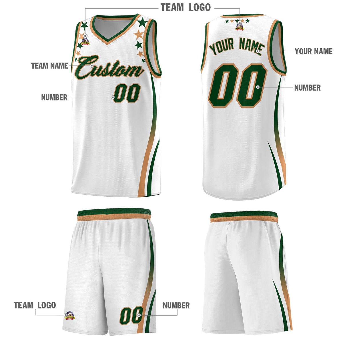 Custom White Shoulders Star Pattern Side Color Block Sports Uniform Basketball Jersey