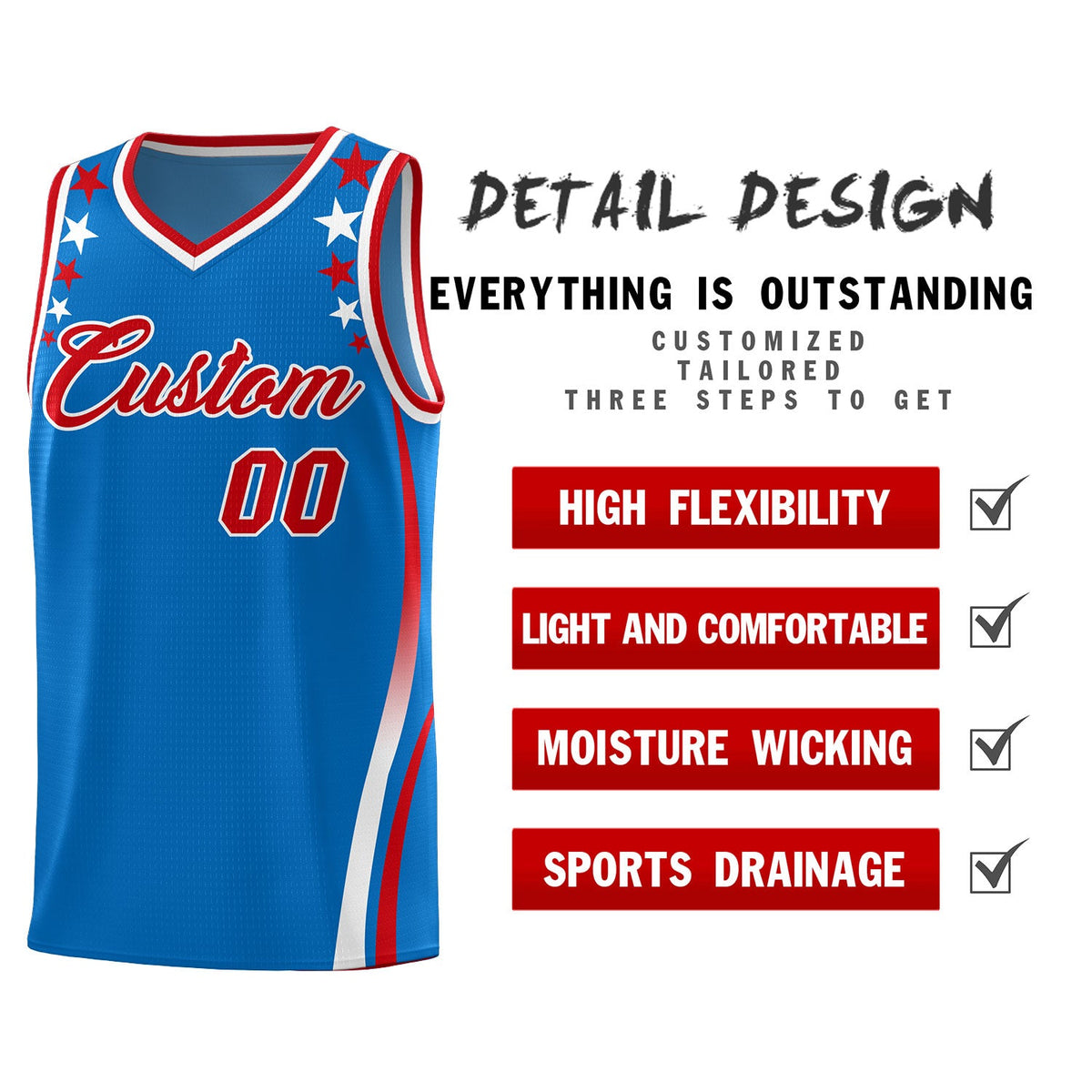 Custom Royal Shoulders Star Pattern Side Color Block Sports Uniform Basketball Jersey