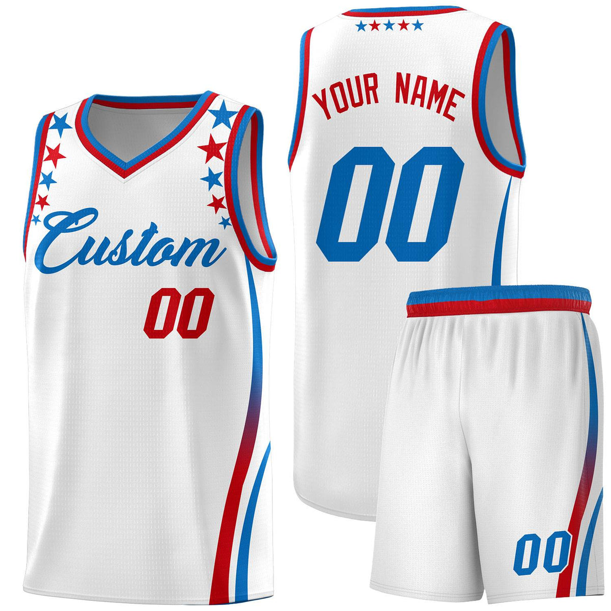 Custom White Shoulders Star Pattern Side Color Block Sports Uniform Basketball Jersey