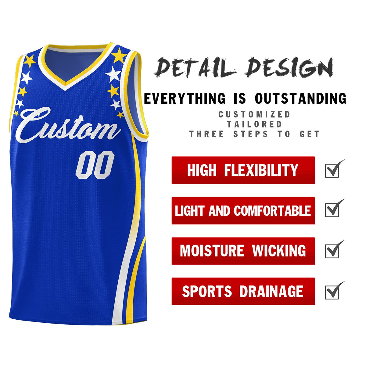 Custom Royal Shoulders Star Pattern Side Color Block Sports Uniform Basketball Jersey
