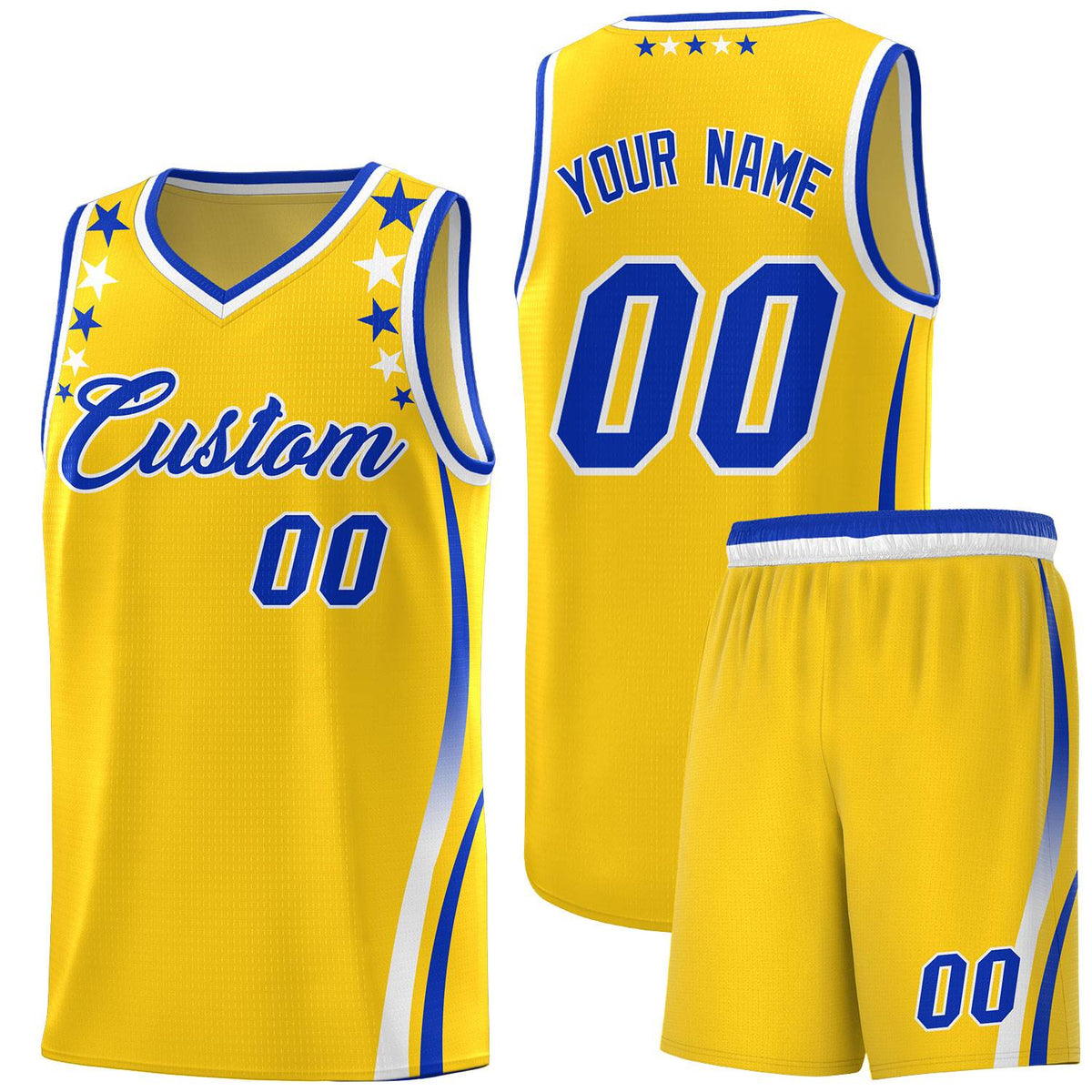 Custom Gold Shoulders Star Pattern Side Color Block Sports Uniform Basketball Jersey