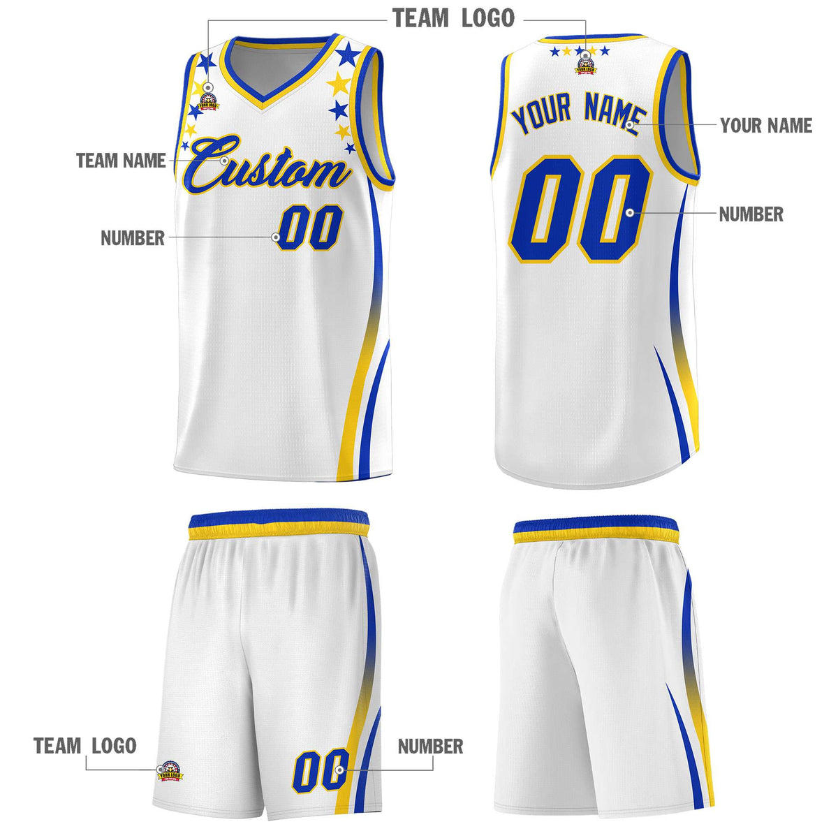 Custom White Shoulders Star Pattern Side Color Block Sports Uniform Basketball Jersey