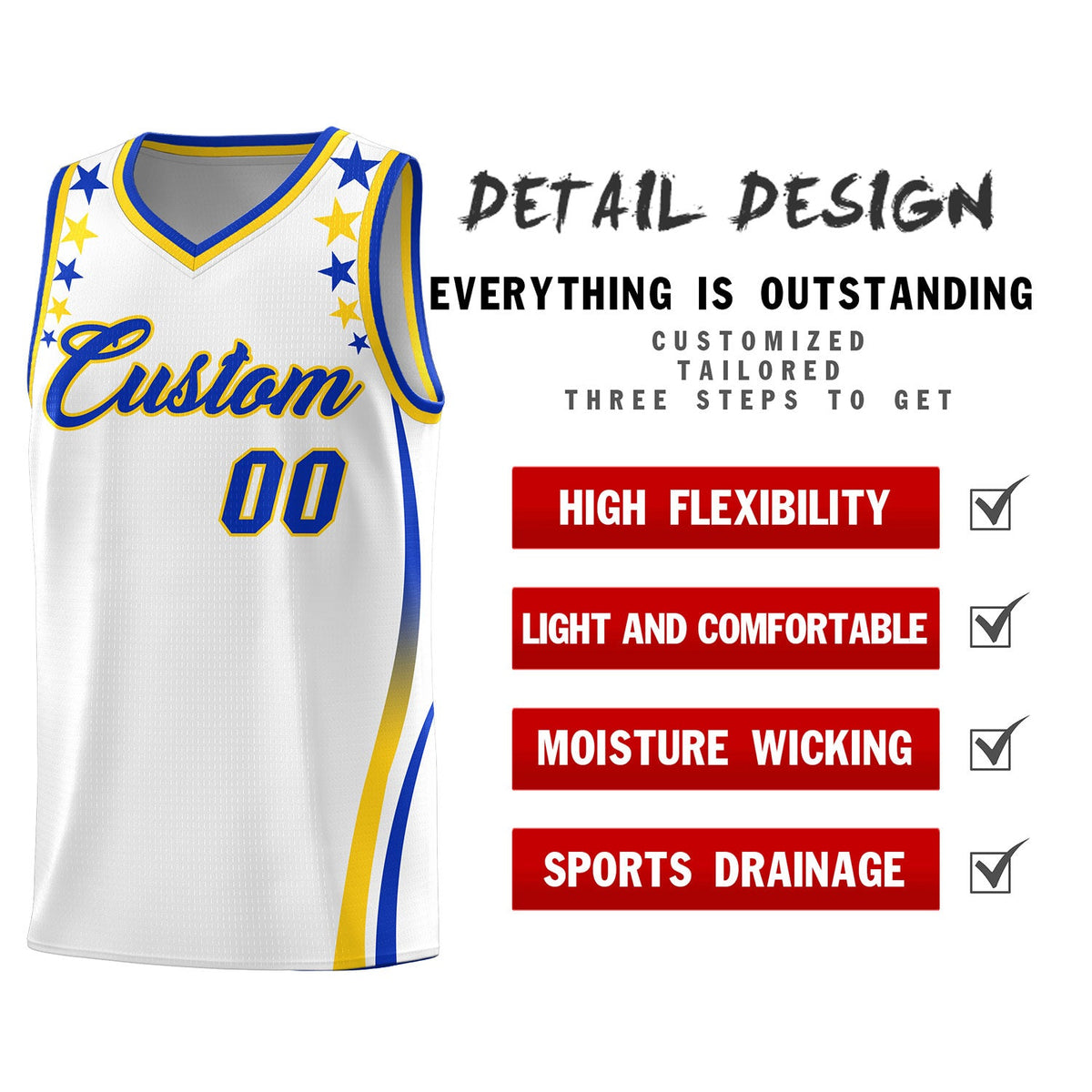 Custom White Shoulders Star Pattern Side Color Block Sports Uniform Basketball Jersey